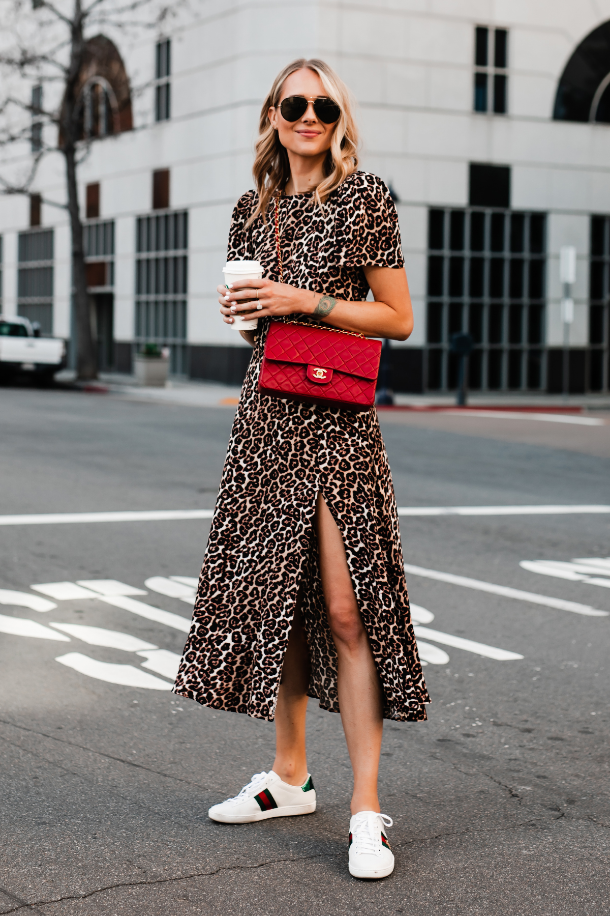 Blonde Woman Wearing Leopard Maxi Dress Red Chanel Handbag Gucci Ace Embroidered Sneakers Fashion Jackson San Diego Fashion Blogger Street Style