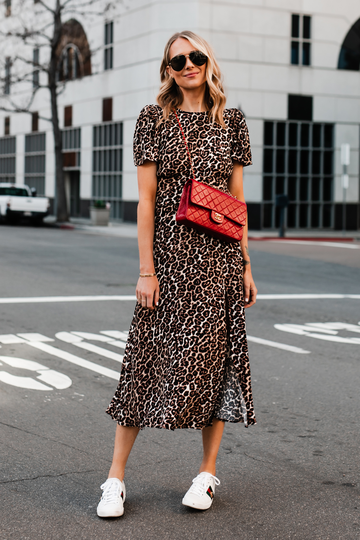 Blonde Woman Wearing Leopard Maxi Dress Red Chanel Handbag Gucci Ace Embroidered Sneakers Fashion Jackson San Diego Fashion Blogger Street Style