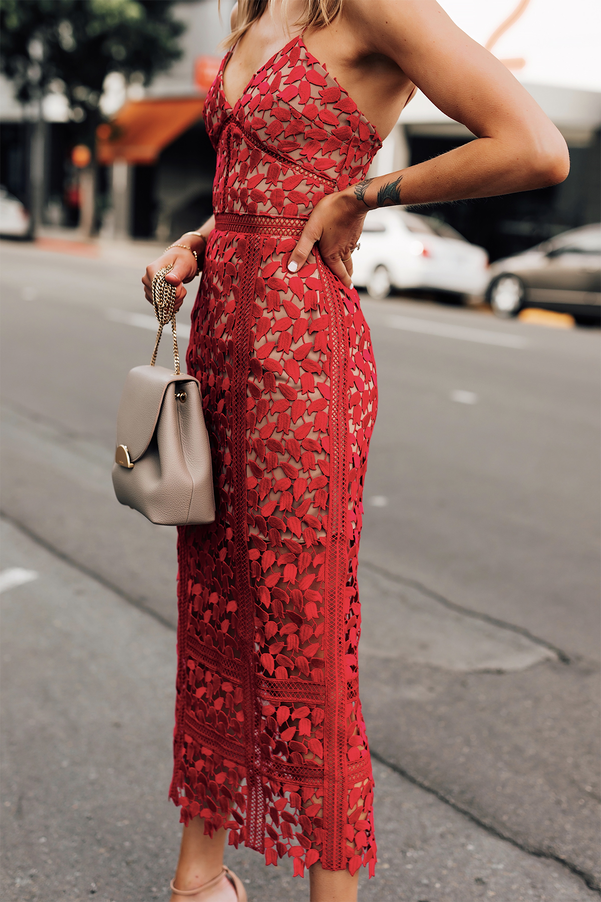 Woman Wearing Self Portrait Arabella Red Lace Midi Dress Mini Grey Handbag Fashion Jackson San Diego Fashion Blogger Street Style