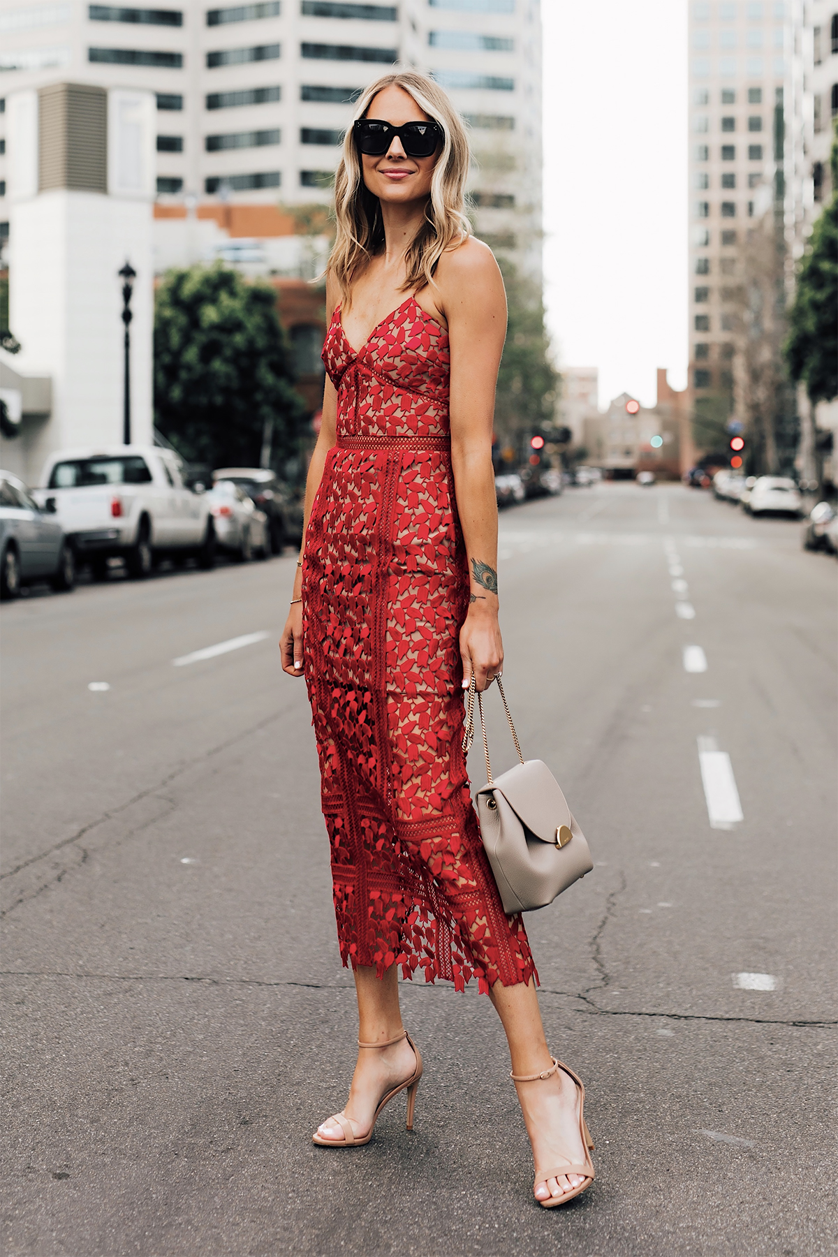 Blonde Woman Wearing Self Portrait Arabella Red Lace Midi Dress Nude Ankle Strap Heeled Sandals Polene Mini Grey Handbag Fashion Jackson San Diego Fashion Blogger Street Style