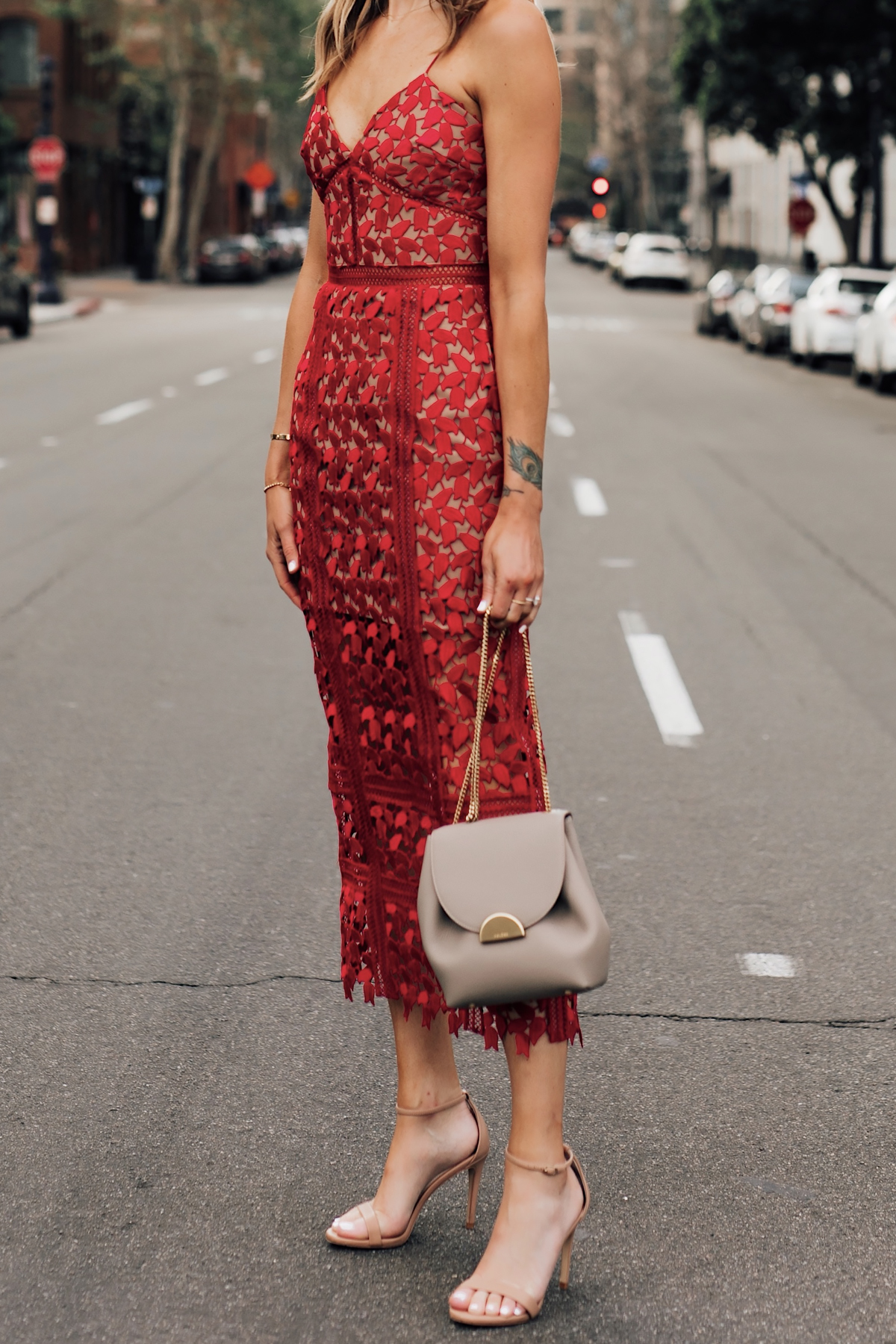 Woman Wearing Self Portrait Arabella Red Lace Midi Dress Polene Mini Grey Handbag Fashion Jackson San Diego Fashion Blogger Street Style