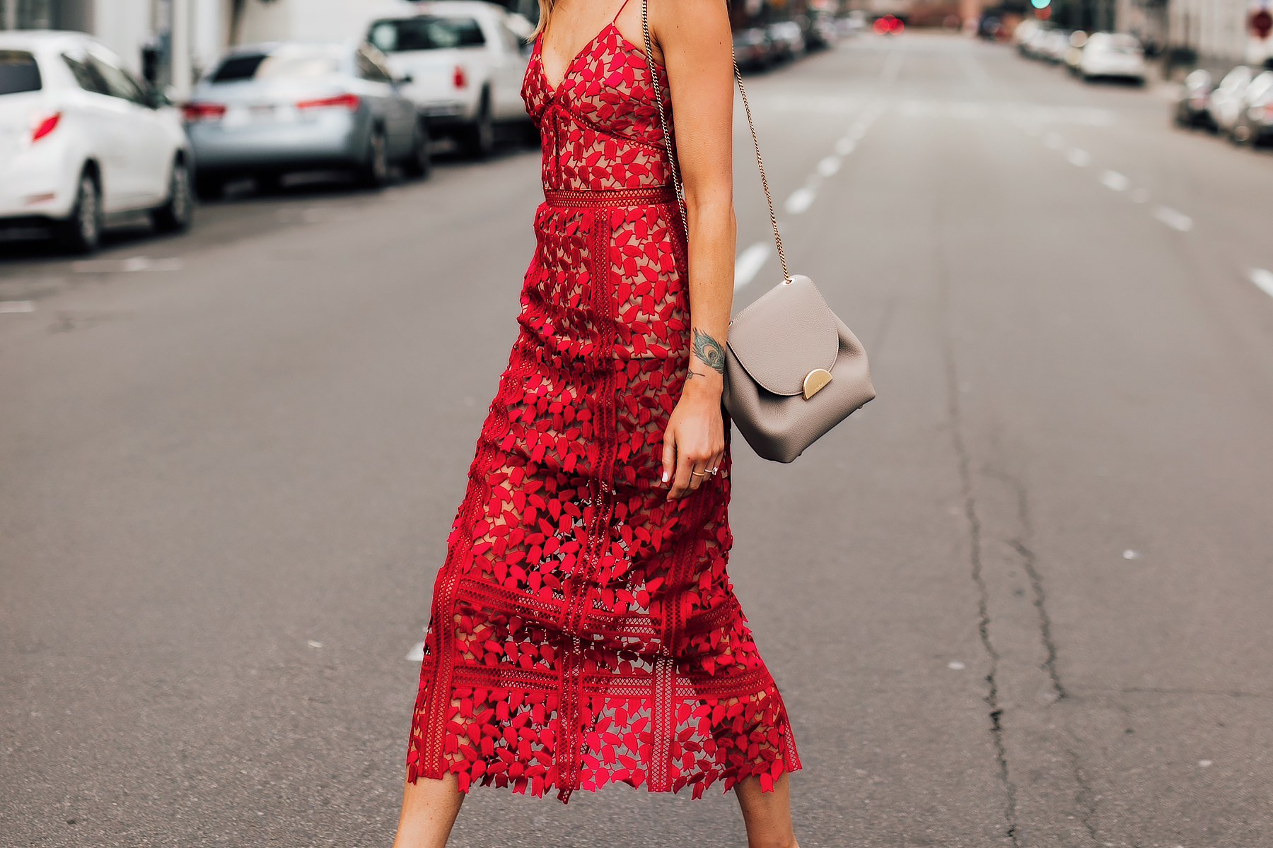Woman Wearing Self Portrait Arabella Red Lace Midi Dress Polene Mini Grey Handbag Fashion Jackson San Diego Fashion Blogger Street Style