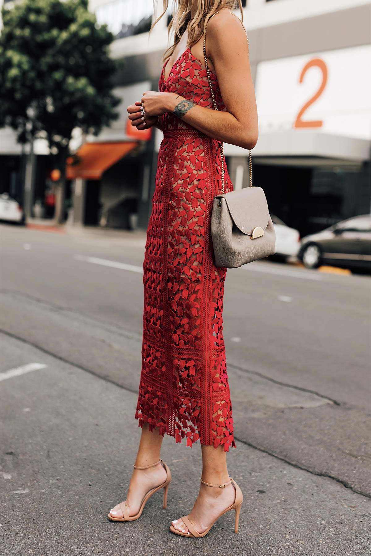 Blonde Woman Wearing Self Portrait Arabella Red Lace Midi Dress Polene Mini Grey Handbag Nude Ankle Strap Heels Fashion Jackson San Diego Fashion Blogger Street Style