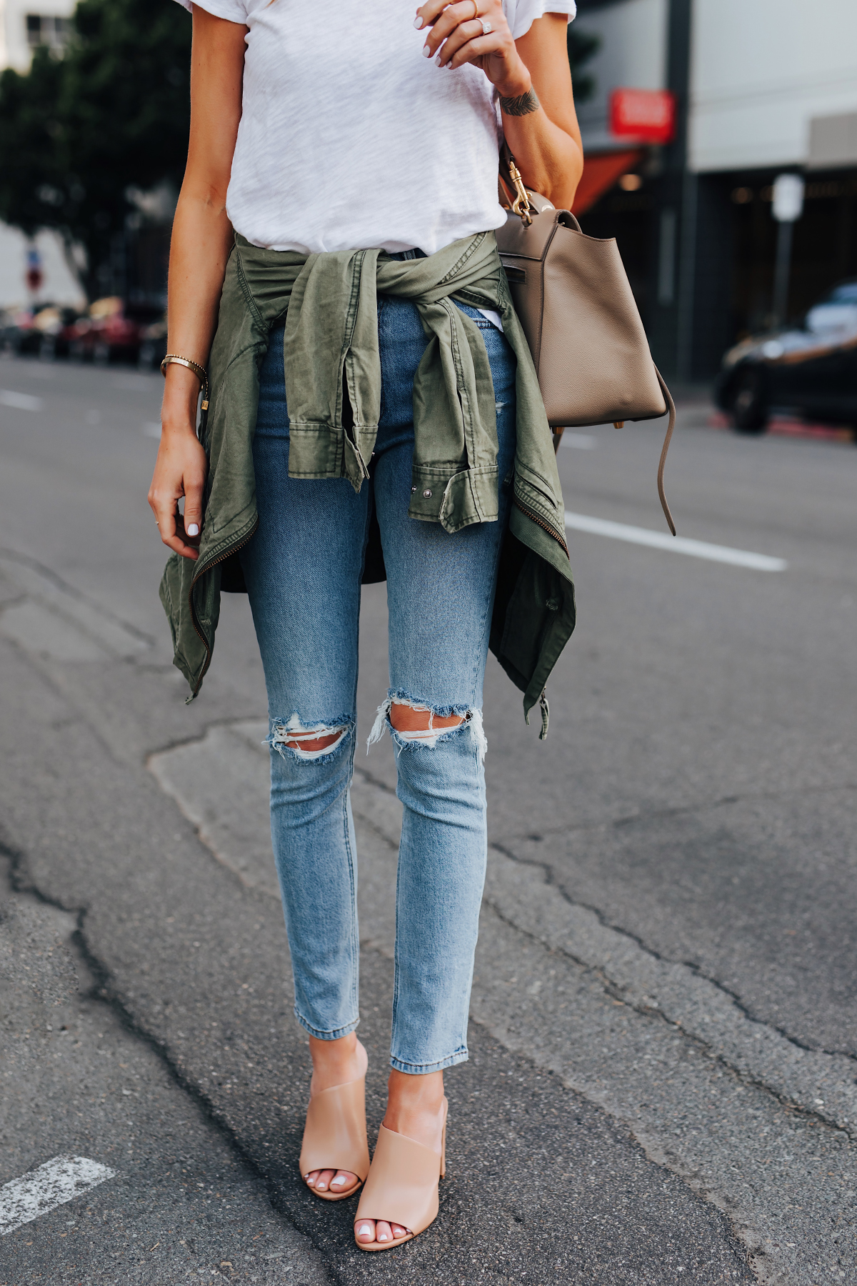 Woman Wearing ATM White Tshirt Ripped Skinny Jeans Green Utility Jacket Vince Hanna Nude Heeled Mules Fashion Jackson San Diego Fashion Blogger Street Style