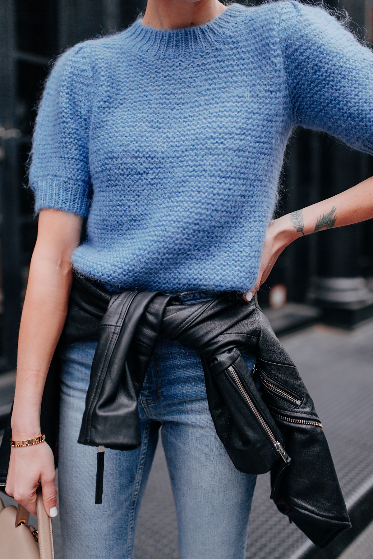 Woman Wearing Anine Bing Nicolette Blue Sweater Black Leather Jacket Fashion Jackson San Diego Fashion Blogger New York Street Style