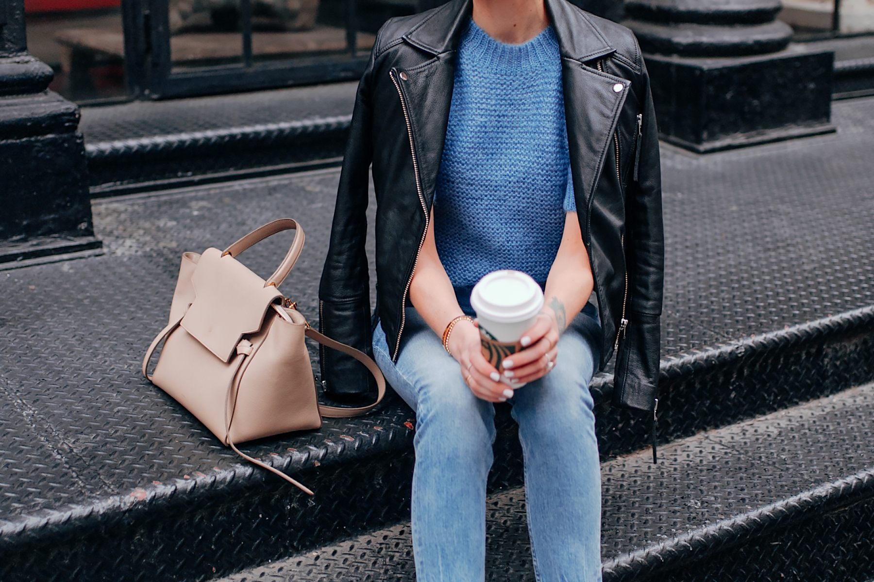 Woman Wearing Black Leather Jacket Anine Bing Nicolette Blue Sweater Skinny Jeans Celine Mini Belt Bag Fashion Jackson San Diego Fashion Blogger New York Street Style