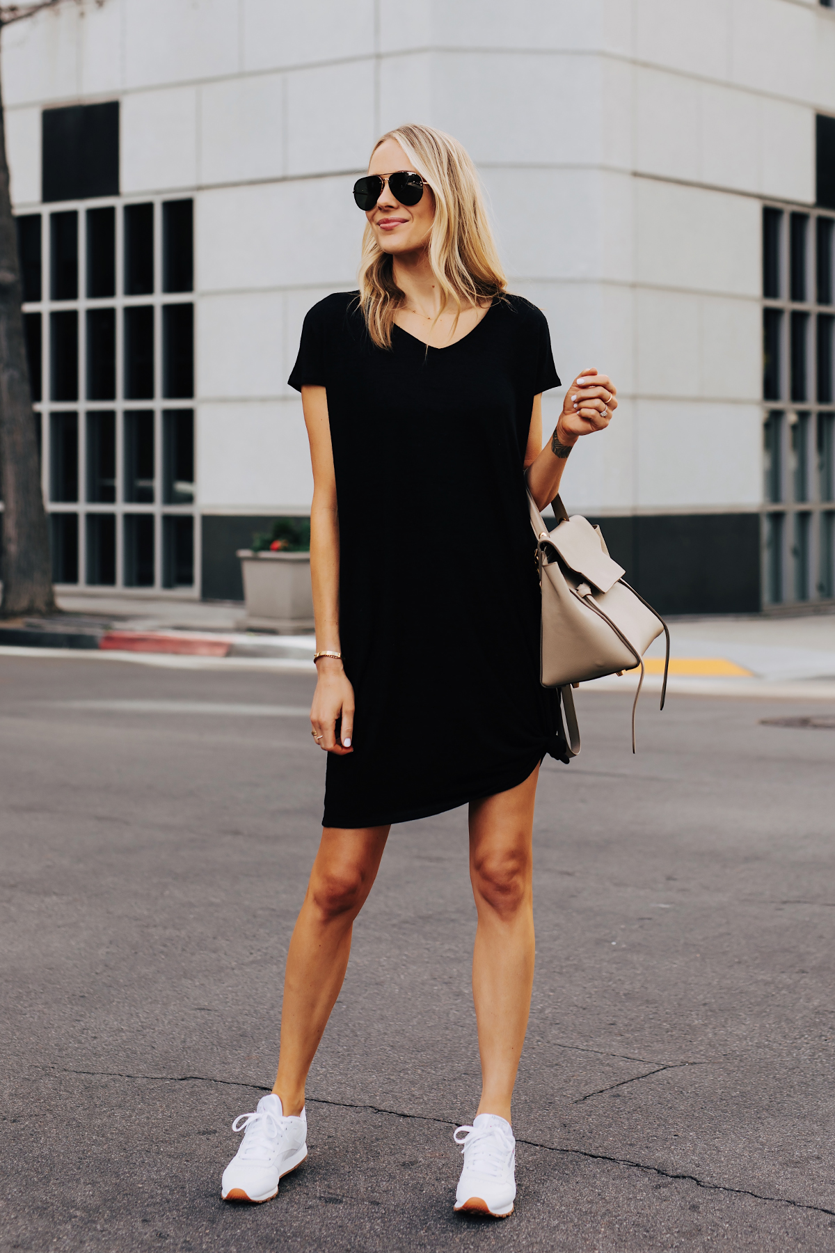 black dress and white t shirt