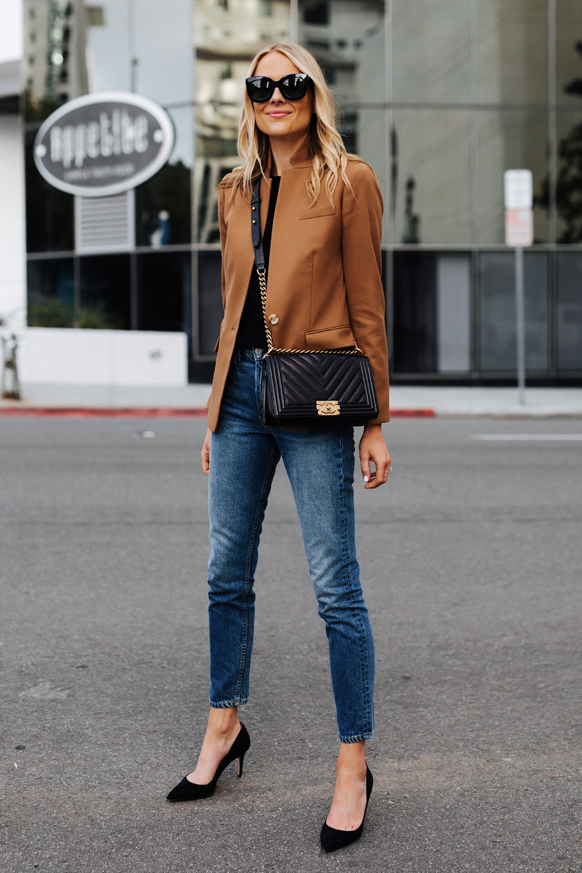 Blonde Woman Wearing Camel Blazer Denim Skinny Jeans Black Pumps eBay Authenticate Chanel Black Boy Bag Fashion Jackson San Diego Fashion Blogger Street Style