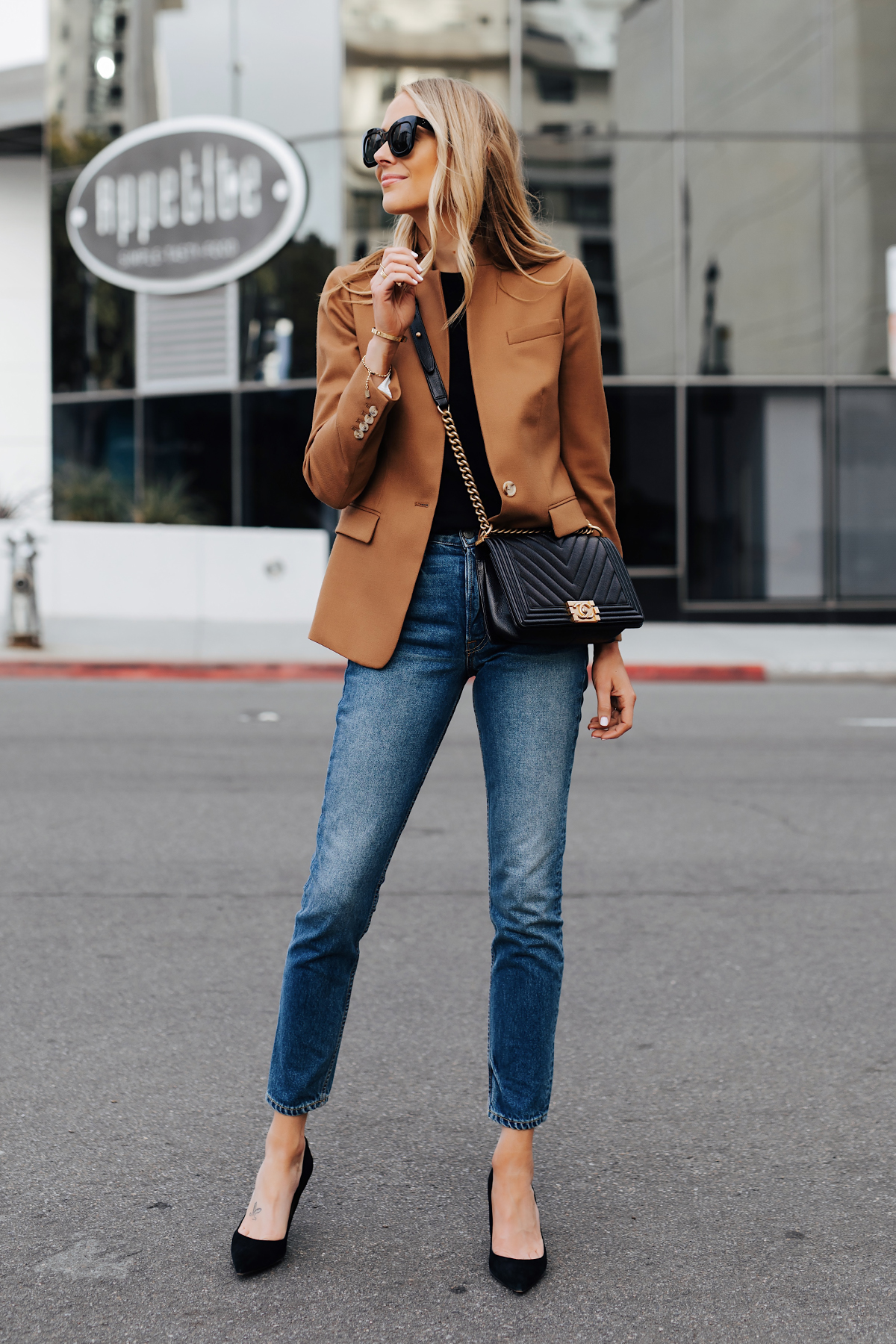 Blonde Woman Wearing Camel Blazer Denim Skinny Jeans Black Pumps eBay Authenticate Chanel Black Boy Bag Fashion Jackson San Diego Fashion Blogger Street Style