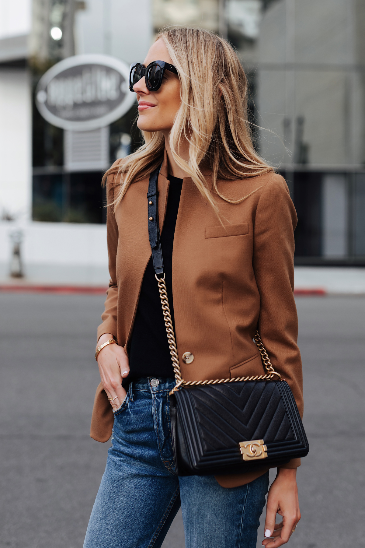 Blonde Woman Wearing Camel Blazer eBay Authenticate Chanel Black Boy Bag Fashion Jackson San Diego Fashion Blogger Street Style