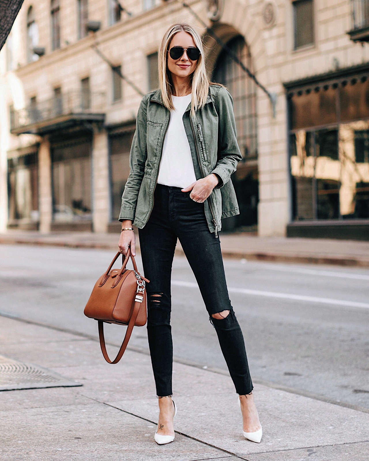 Fashion Jackson Wearing Green Utility Jacket White Top Black Ripped Skinny Jeans White Pumps