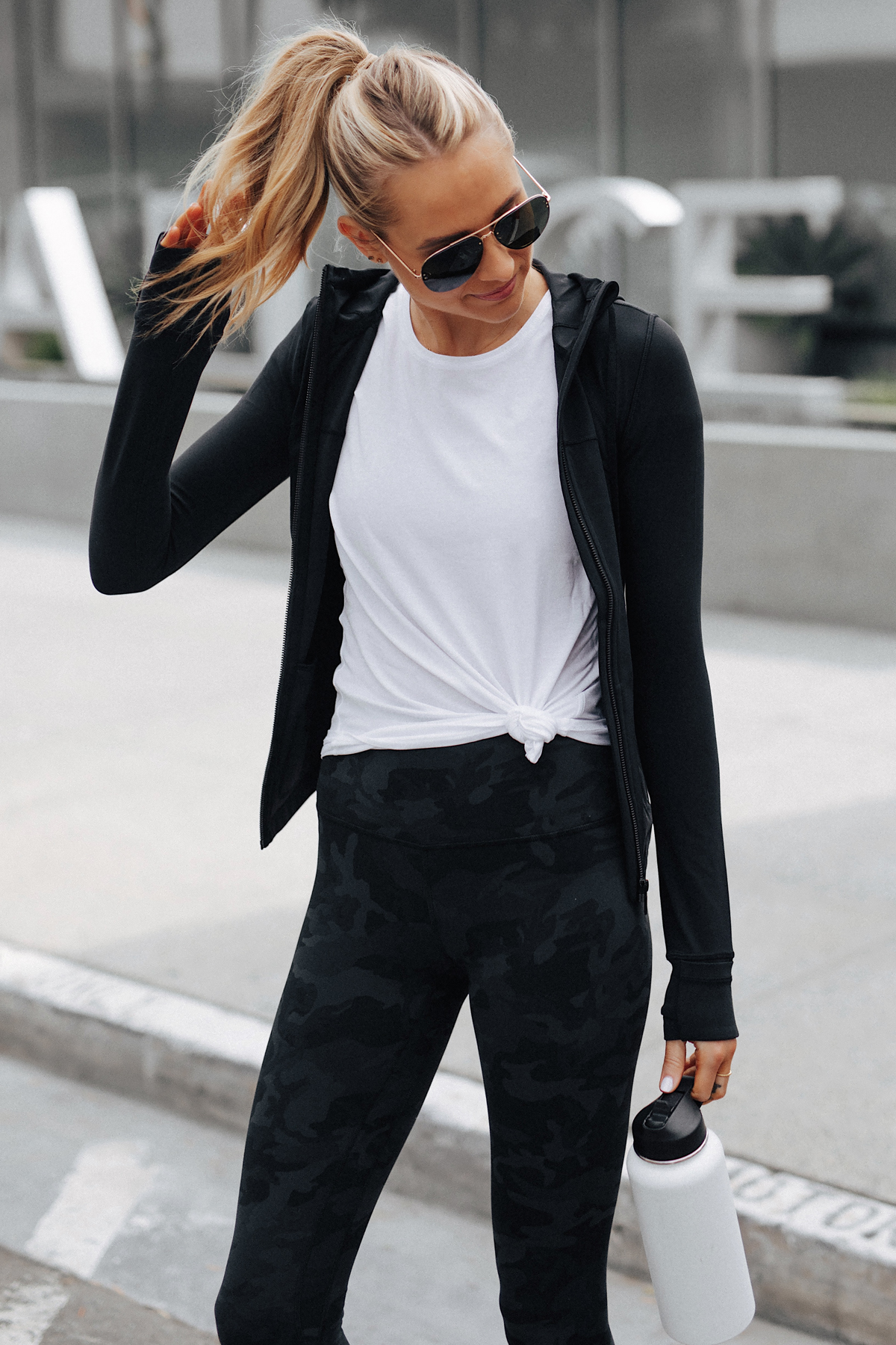 Blonde Woman Wearing Lululemon Align Pants Black Camo Print Lululemon Black Jacket White Top Fashion Jackson San Diego Fashion Blogger Fitness Style