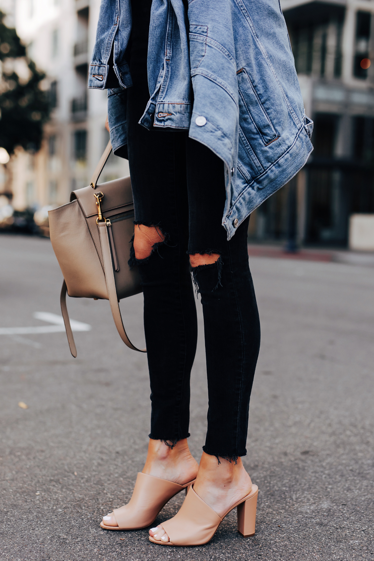Woman Wearing Madewell Black Ripped Jeans Denim Jacket Vince Nude Heeled Mules Fashion Jackson San Diego Fashion Blogger Street Style