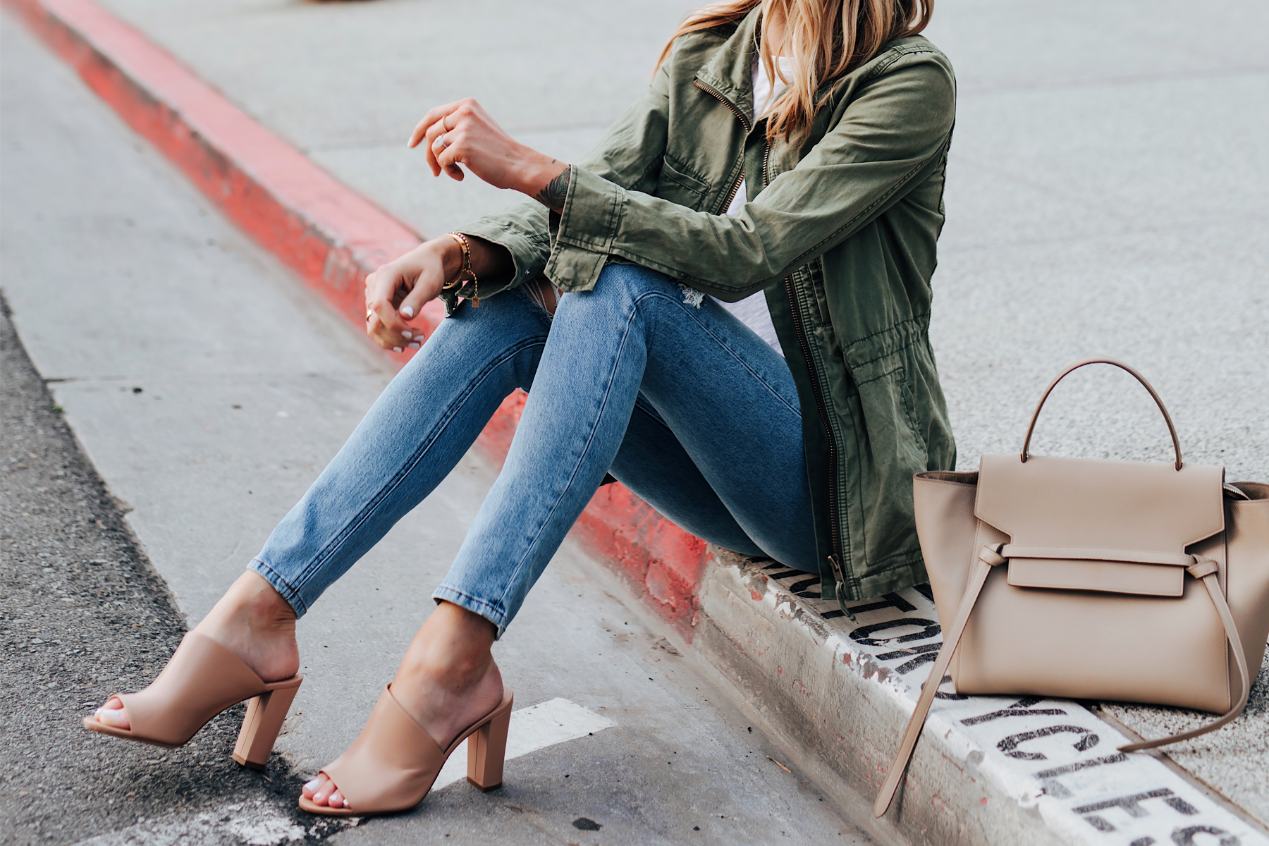 Blonde Woman Wearing Madewell Green Utility Jacket Skinny Jeans Vince Hanna Heeled Mules Nude Celine Mini Belt Bag Fashion Jackson San Diego Fashion Blogger Street Style