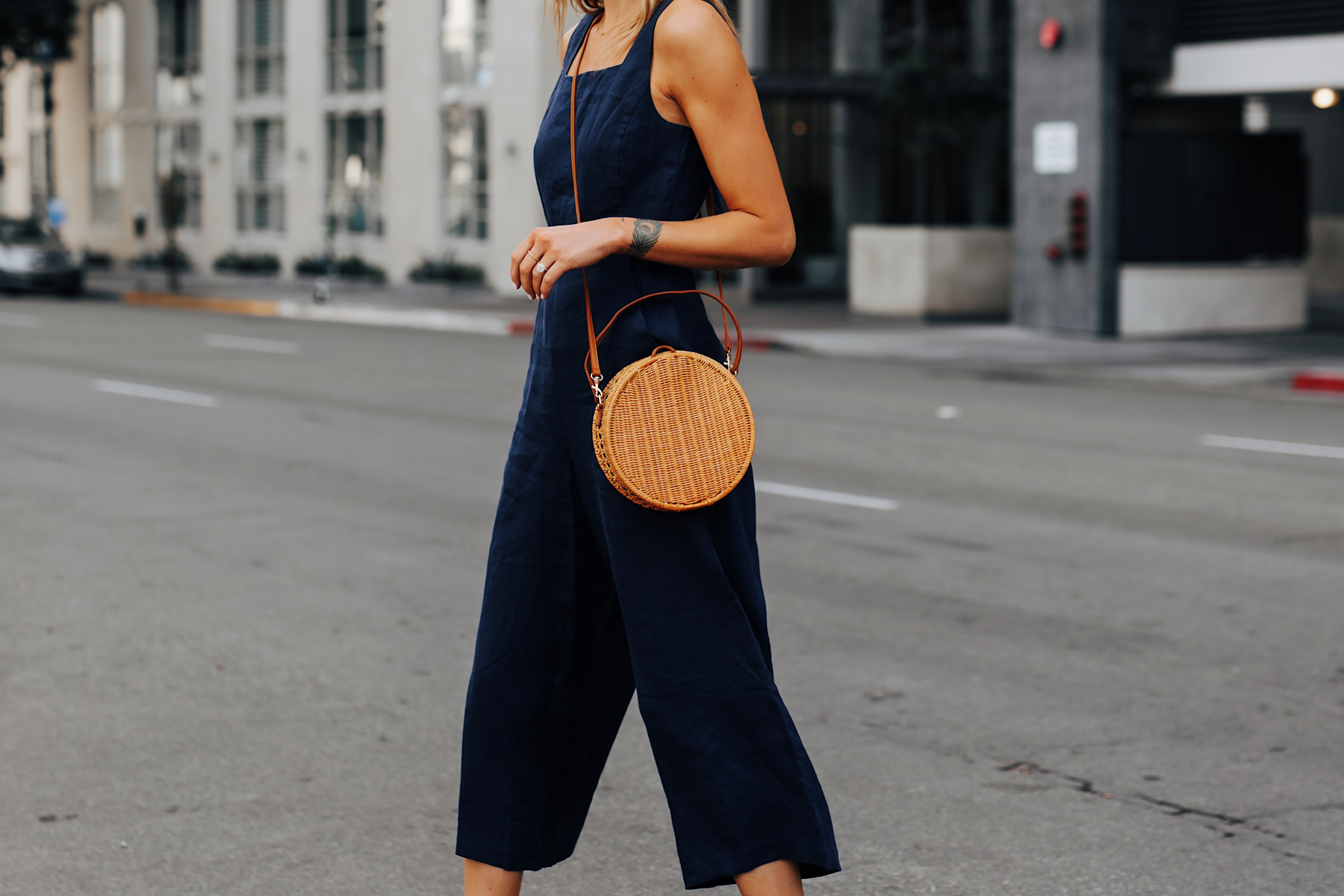 Woman Wearing Navy Jumpsuit Circle Basket Bag Fashion Jackson San Diego Fashion Blogger Street Style