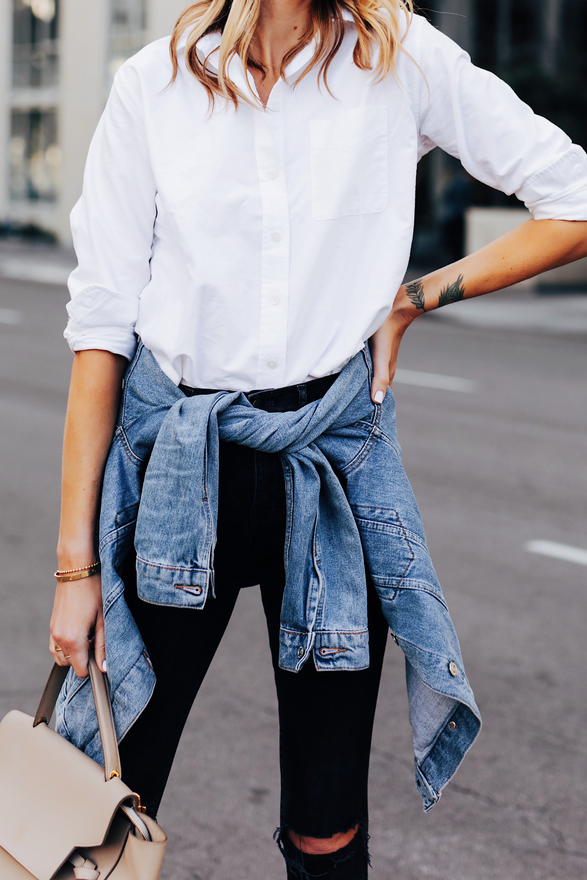 Woman Wearing White Button Down Shirt Madewell Black Ripped Jeans Denim Jacket Fashion Jackson San Diego Fashion Blogger Street Style