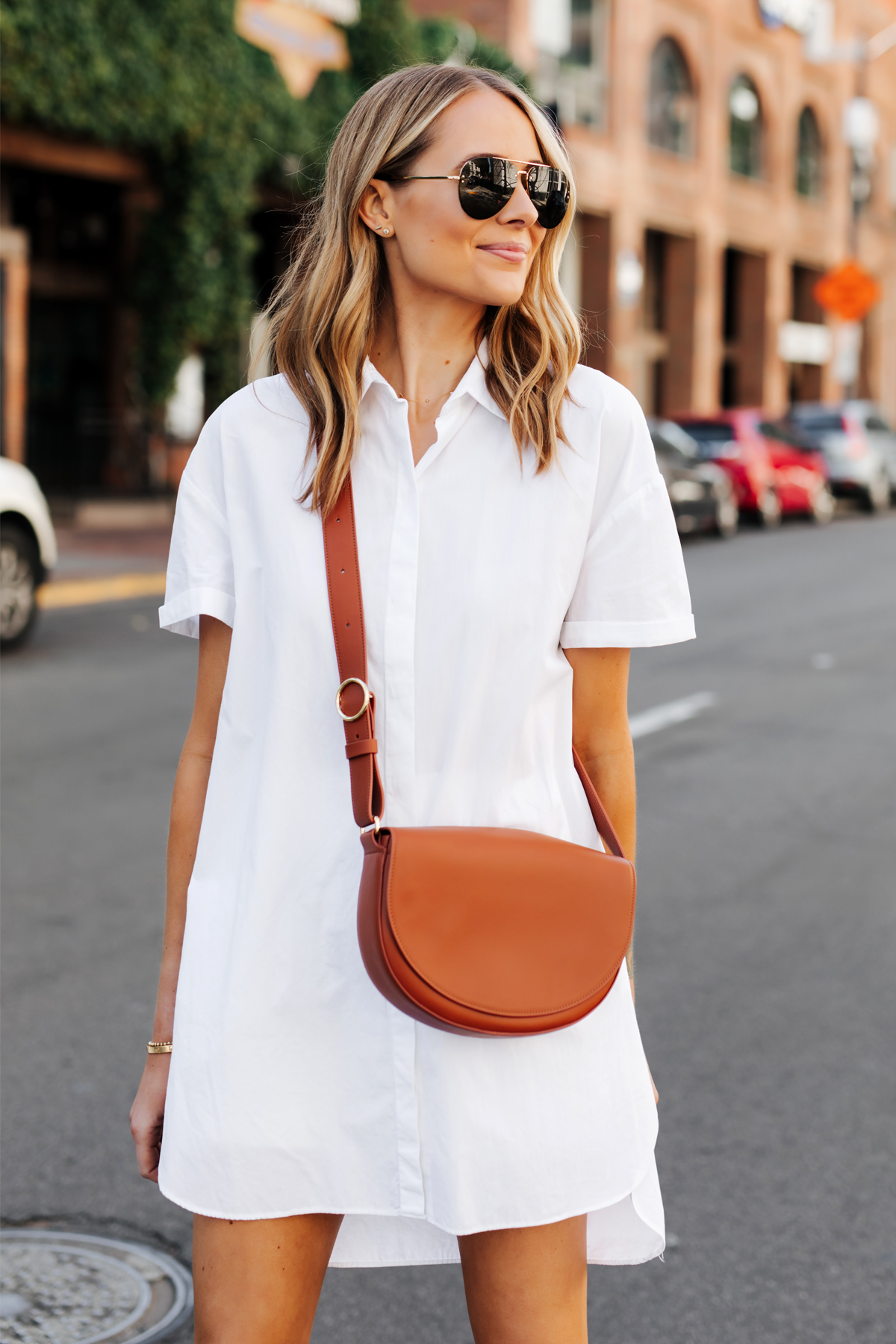 Blonde Woman Wearing White Shirtdress Cuyana Half Moon Bag Caramel Fashion Jackson San Diego Fashion Blogger Street Style