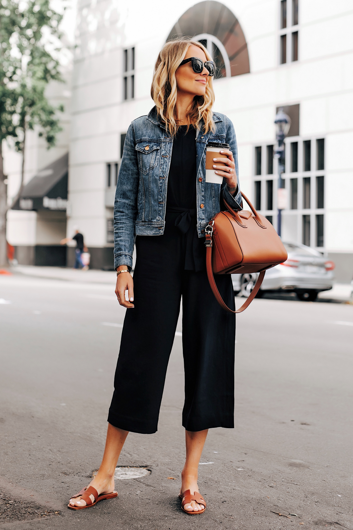 black jumpsuit with jean jacket