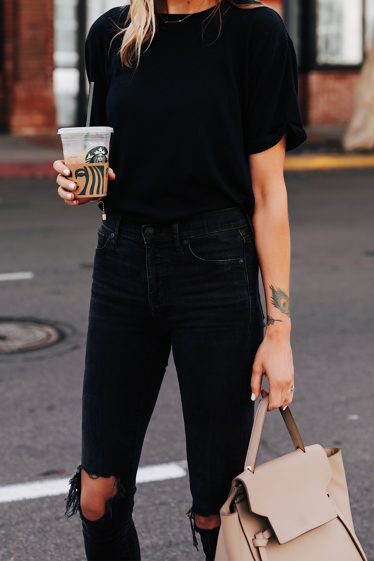 Fashion Jackson Wearing Black Tshirt Black Ripped Jeans Celine Mini Belt Bag
