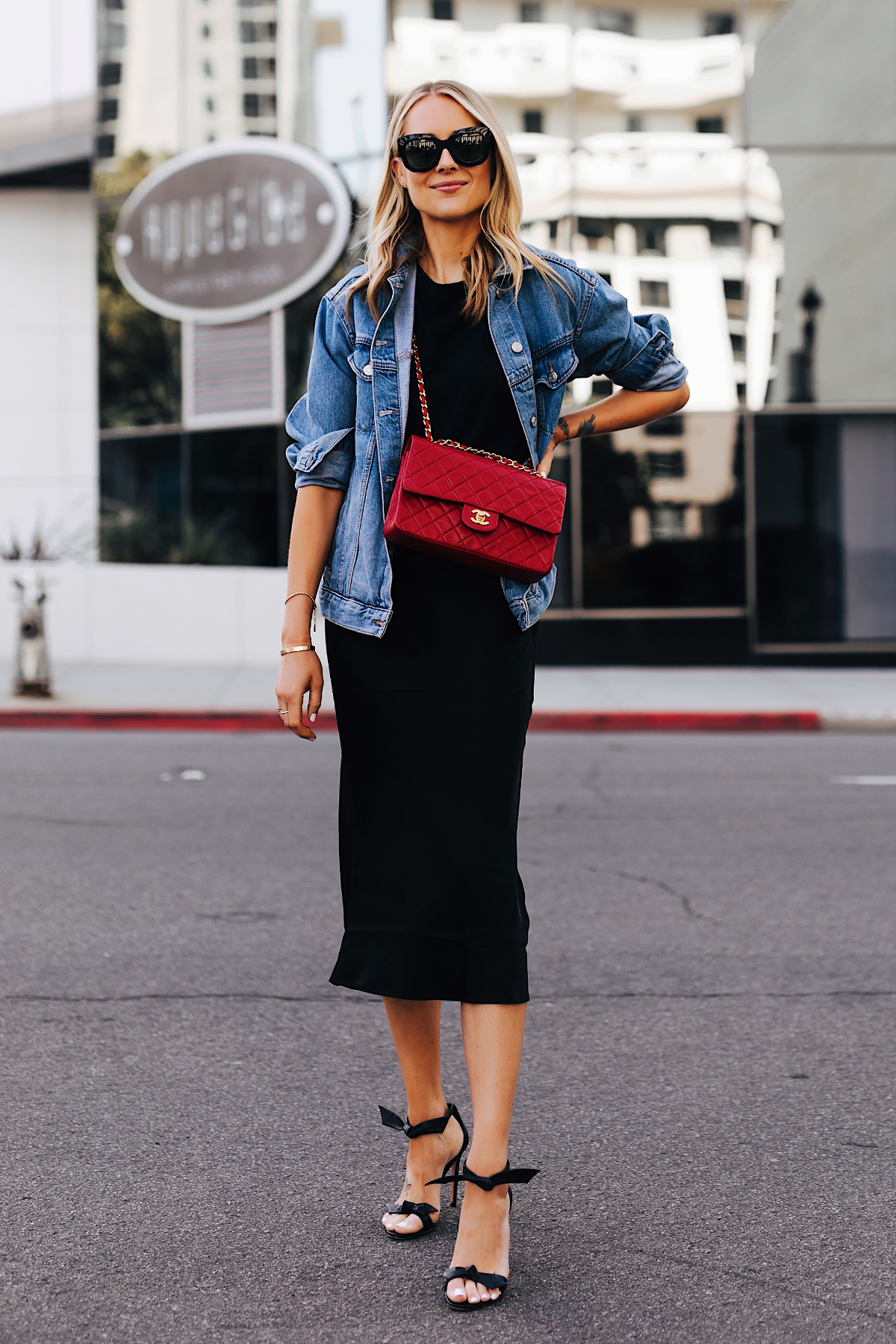 Fashion Jackson Wearing Denim Jacket Black Tshirt Black Silk Skirt Red Chanel Handbag Alexandre Birman Clarita Black Sandals