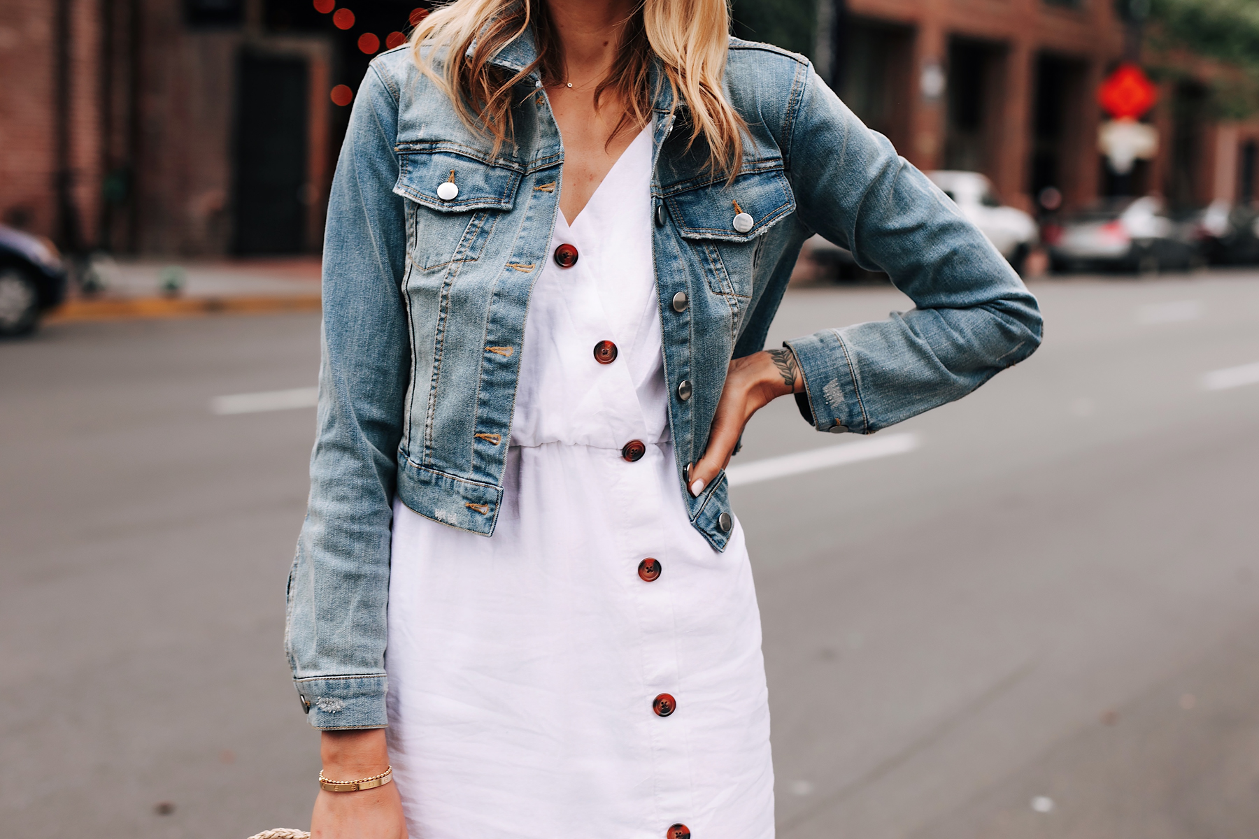 Blonde Woman Wearing Denim Jacket White Button Dress Fashion Jackson San Diego Fashion Blogger Street Style