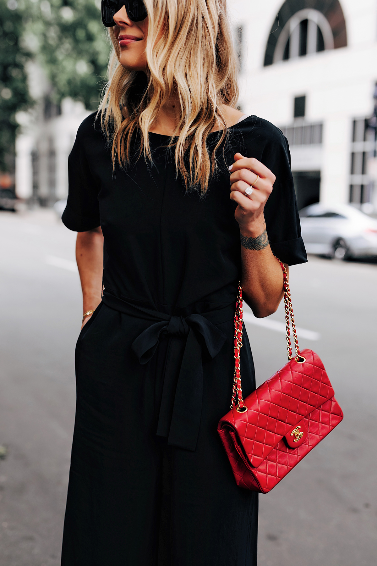 Blonde Woman Wearing Everlane Black Jumpsuit Tie Waist Chanel Classic Red Handbag Fashion Jackson San Diego Fashion Blogger Street Style