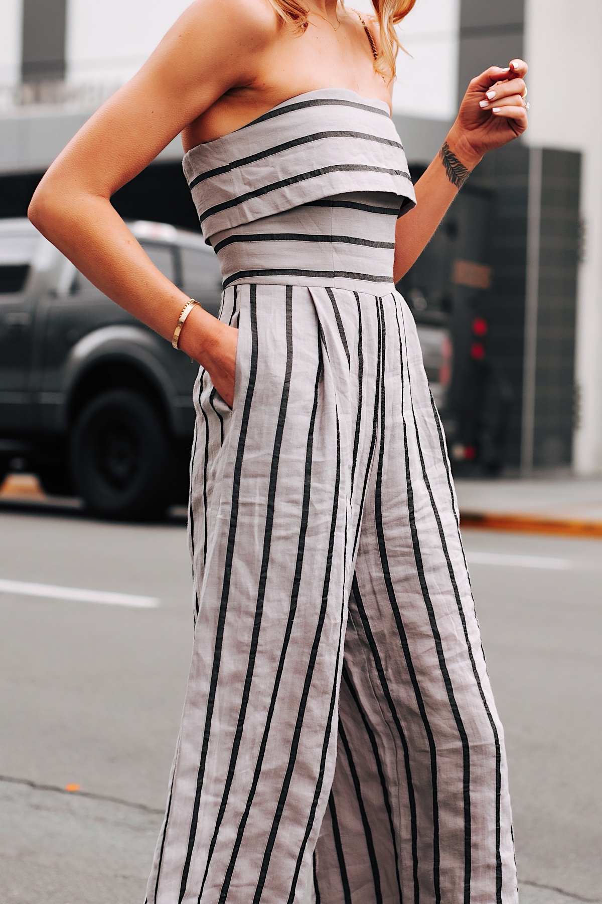 Woman Wearing Jing Grey Strapless Stripe Jumpsuit Fashion Jackson San Diego Fashion Blogger Street Style