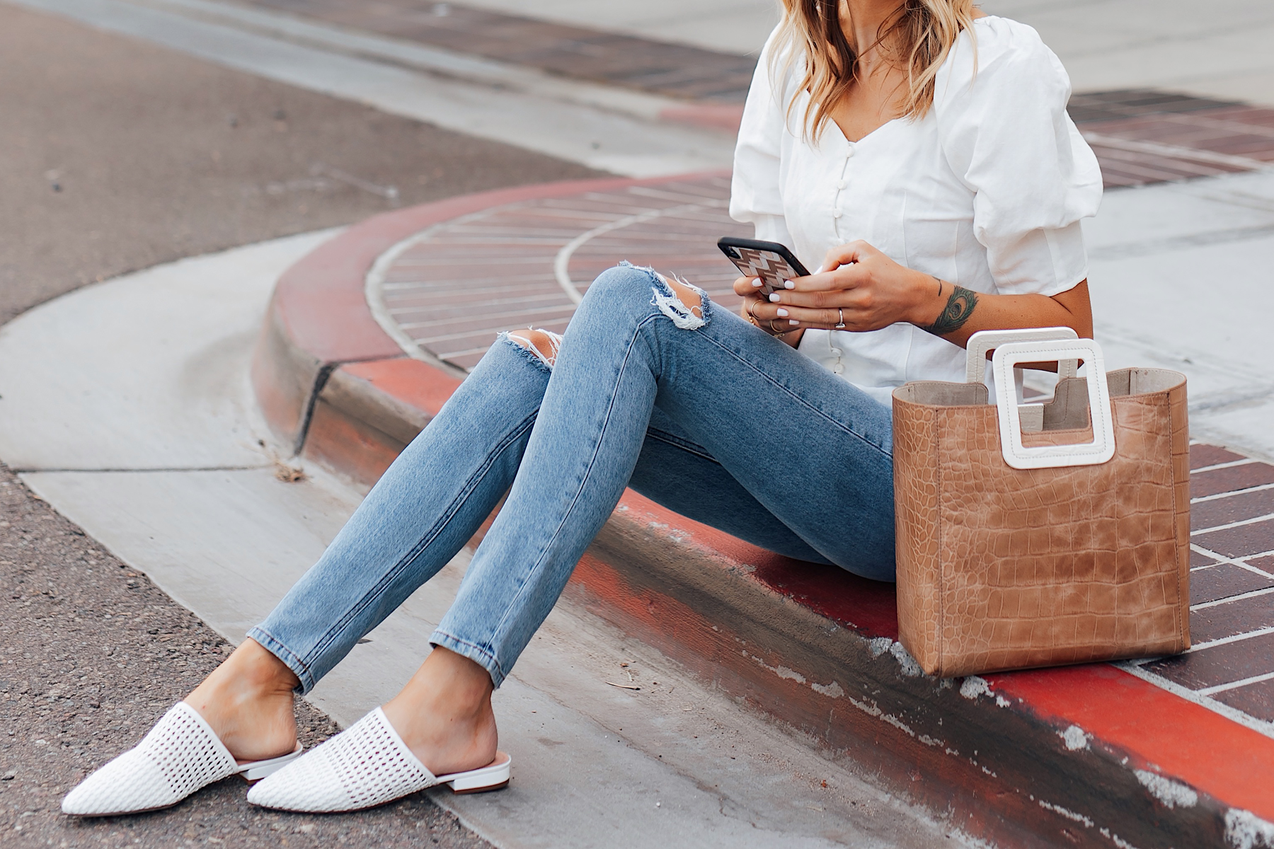 Woman Wearing Something Navy White Blouse Reformation Ripped Jeans White Mules Staud Shirley Croc Embossed Tote Fashion Jackson San Diego Fashion Blogger Street Style