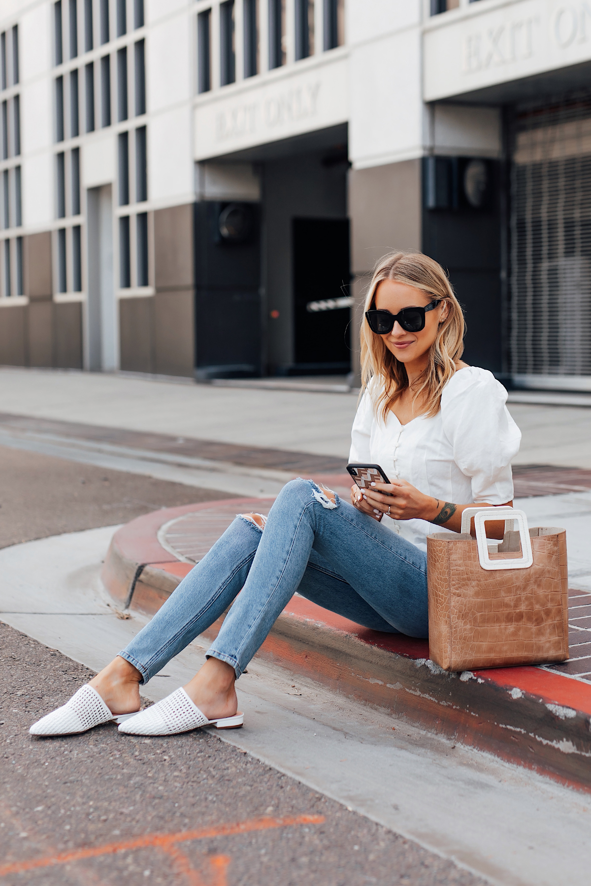 Blonde Woman Wearing Something Navy White Blouse Reformation Ripped Jeans White Mules Staud Shirley Croc Embossed Tote Fashion Jackson San Diego Fashion Blogger Street Style