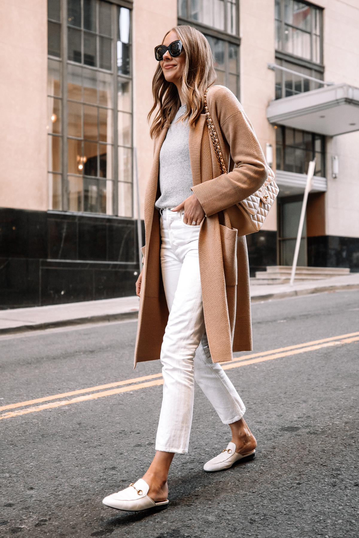 Fashion Jackson Wearing Tan Cardigan Grey Sweater White Jeans White Gucci Princetown Mules Street Style 1