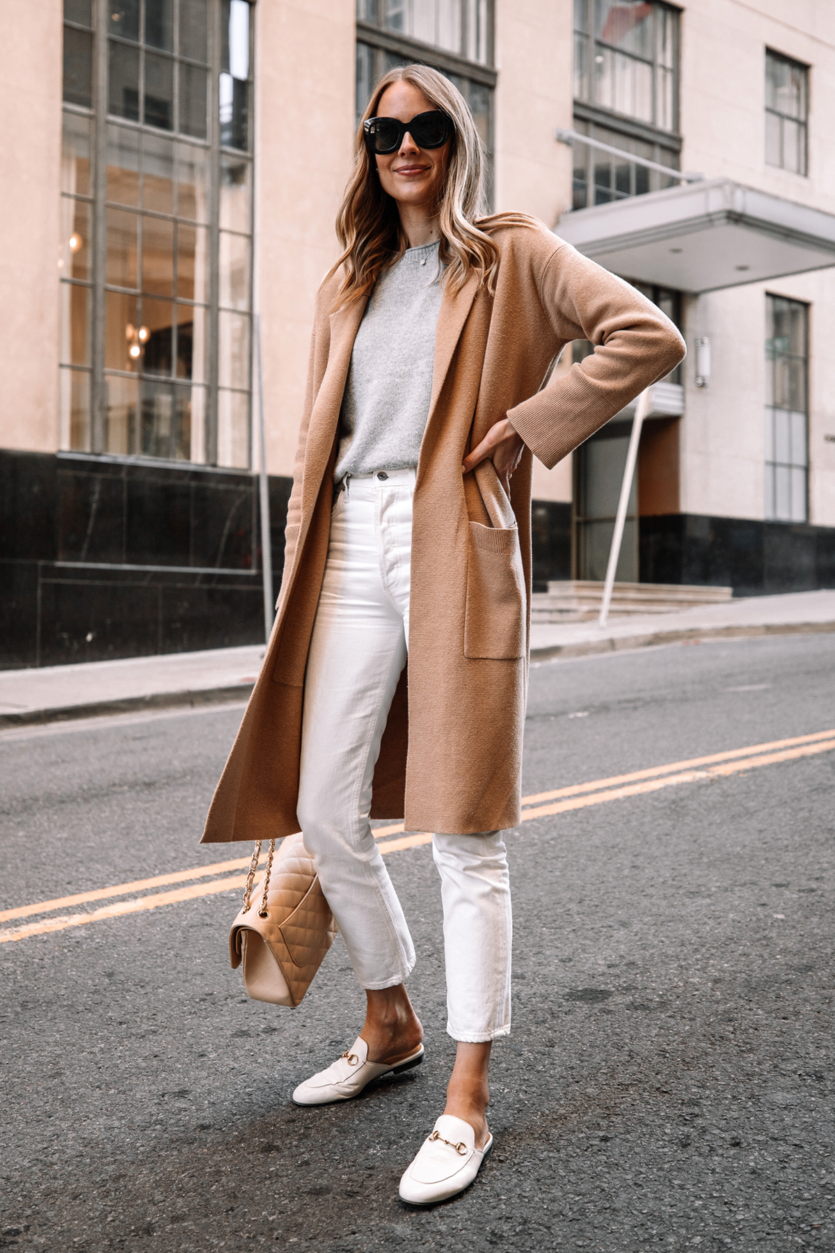 Fashion Jackson Wearing Tan Cardigan Grey Sweater White Jeans White Gucci Princetown Mules Street Style 2