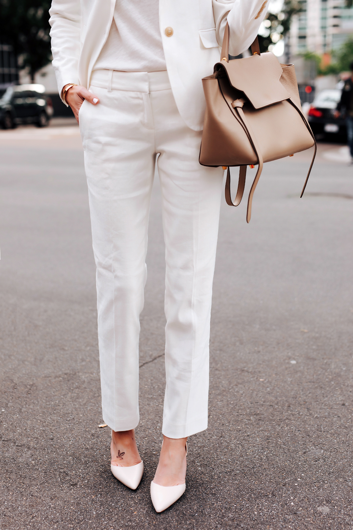 Fashion Jackson Wearing White Blazer Ann Taylor White Work Pants White Pumps Celine Mini Belt Bag