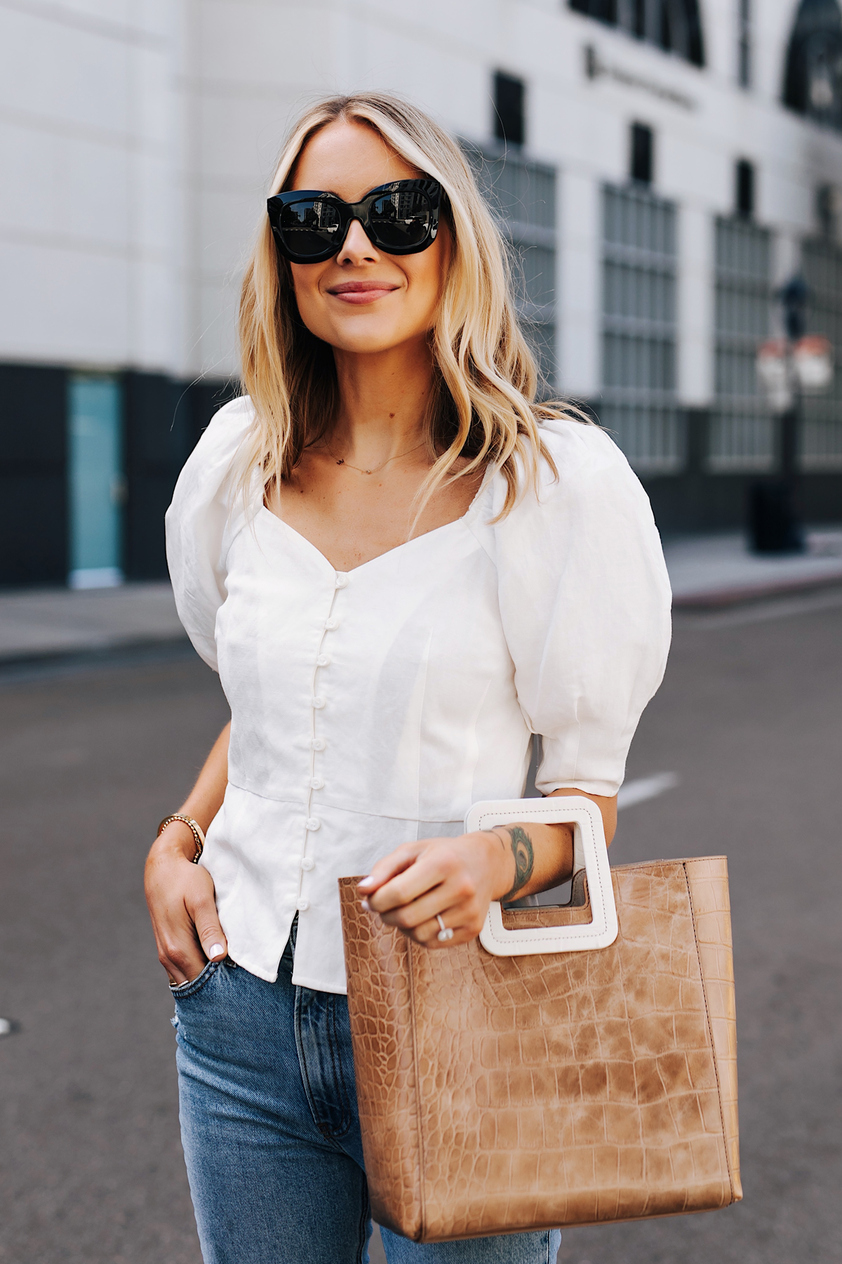 Blonde Woman Wearing White Blouse Jeans Staud Shirley Croc Embossed Tote Fashion Jackson San Diego Fashion Blogger Street Style