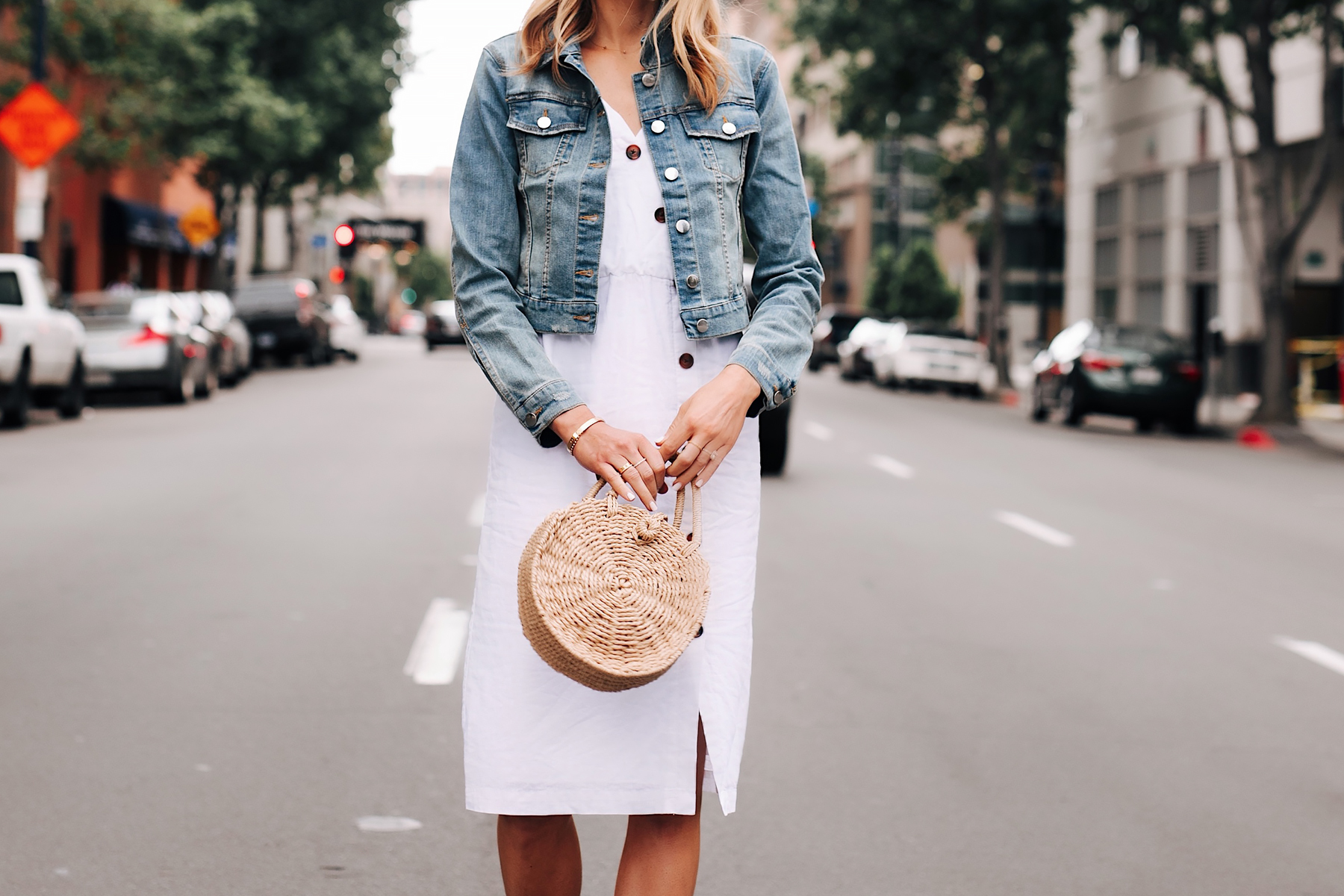 Blonde Woman Wearing White Midi Dress Denim Jacket Straw Circle Handbag Fashion Jackson San Diego Fashion Blogger Street Style