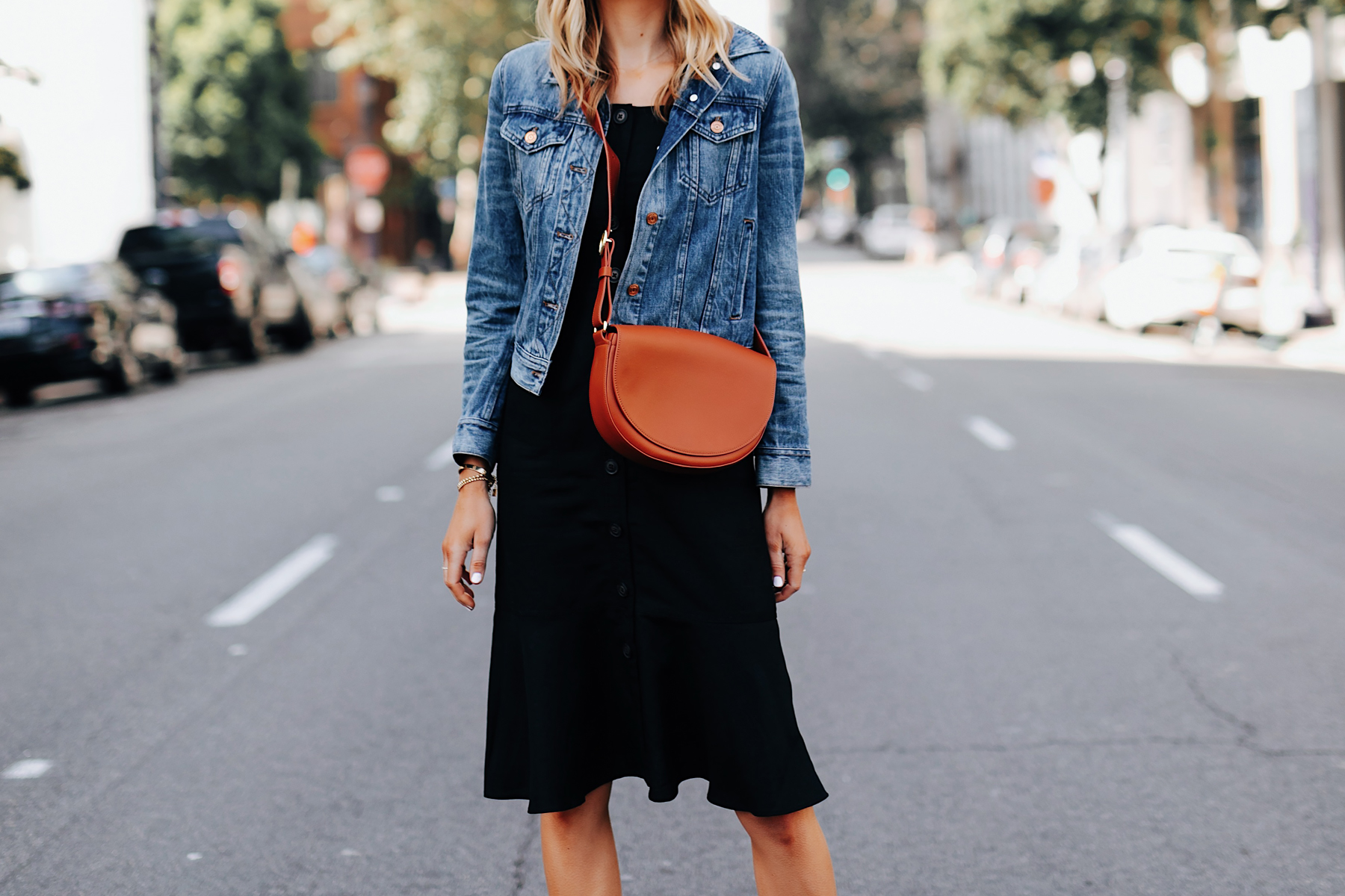 Fashion Jackson Wearing Banana Republic Black Button Front Dress Denim Jacket Tan Crossbody Handbag