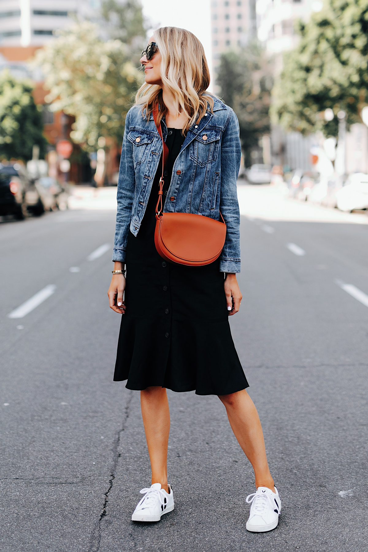 denim dress with white sneakers