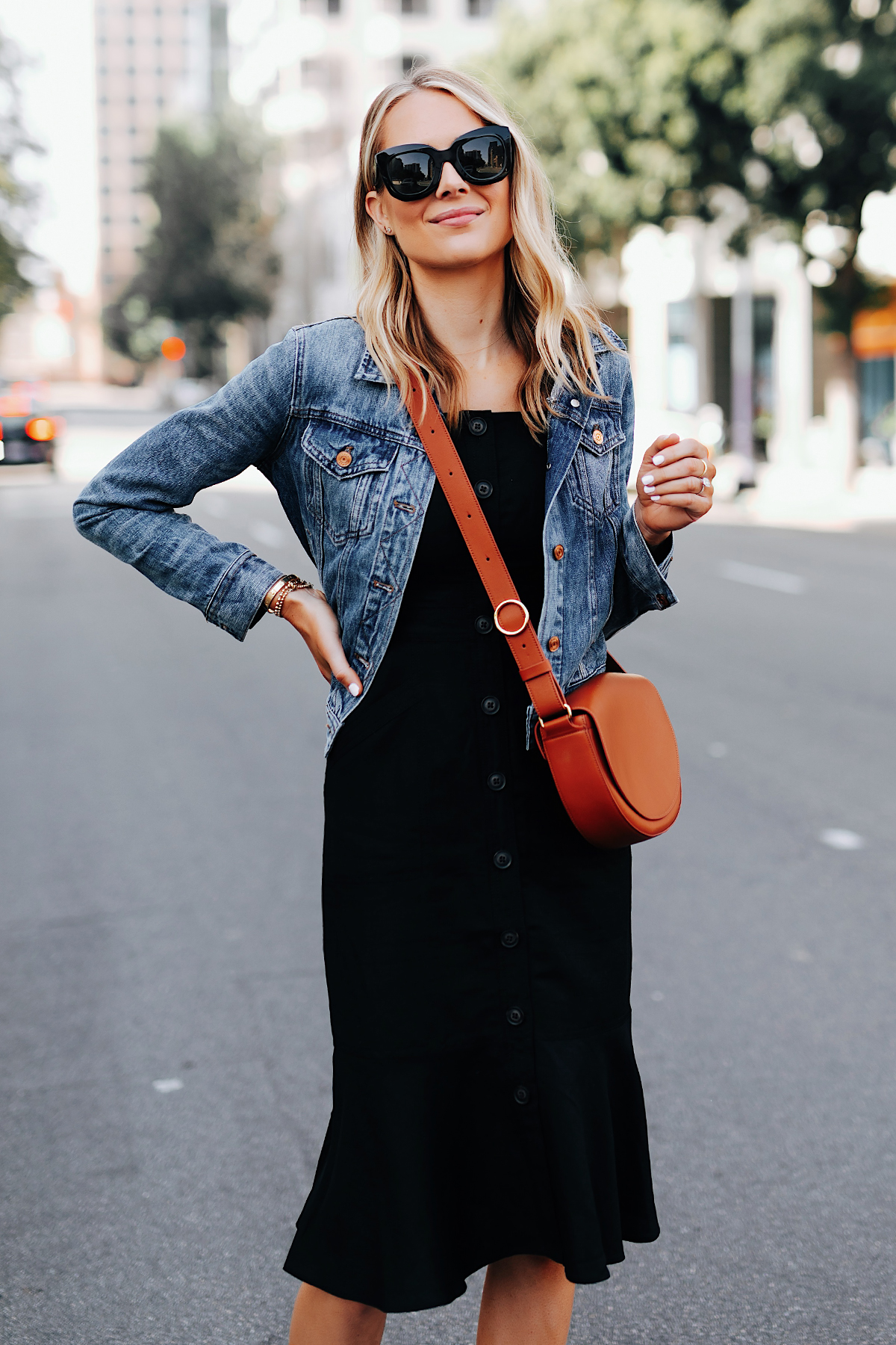 Fashion Jackson Wearing Banana Republic Black Button Front Dress Denim Jacket Tan Crossbody Handbag