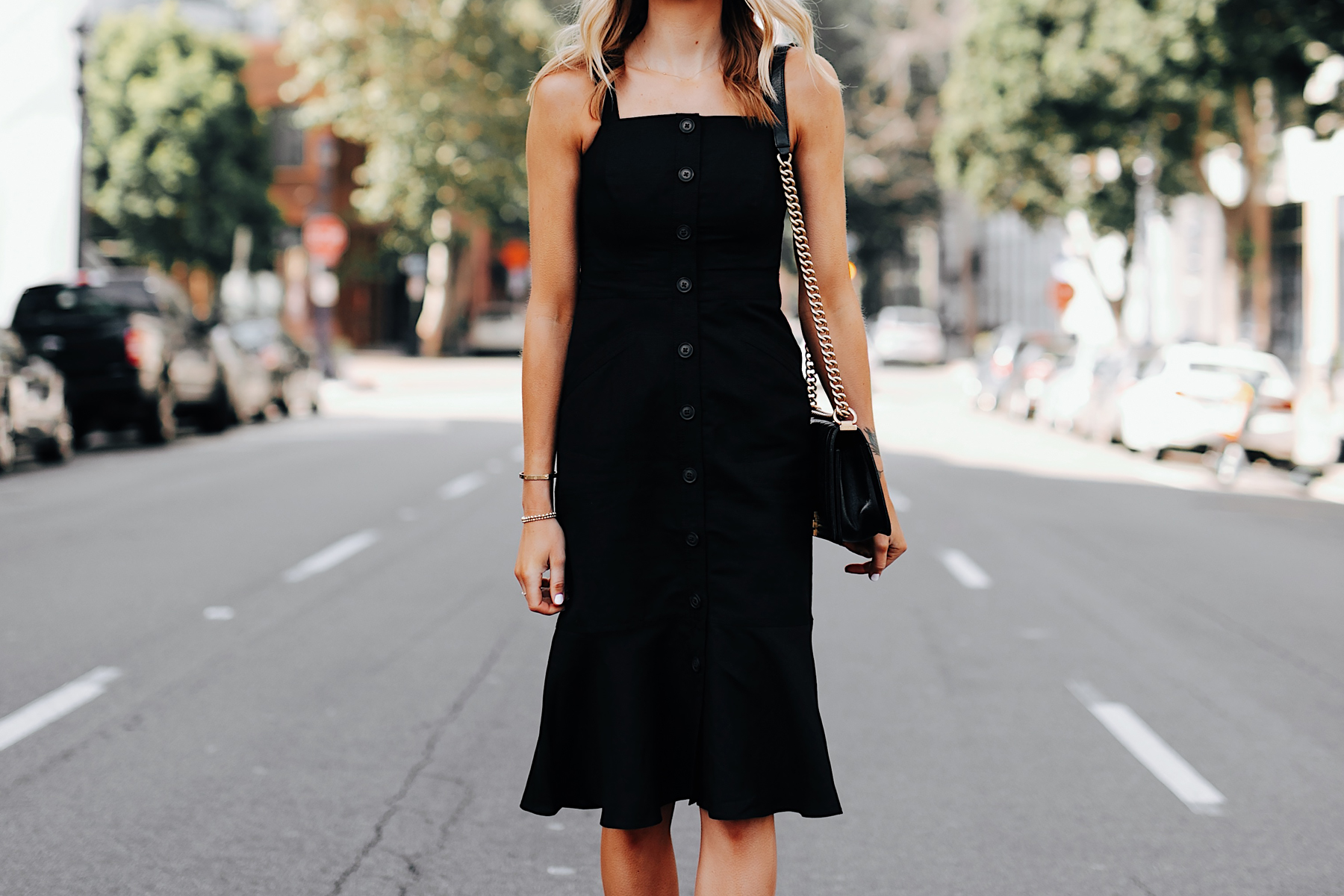 Fashion Jackson Wearing Banana Republic Black Button Front Tank Dress