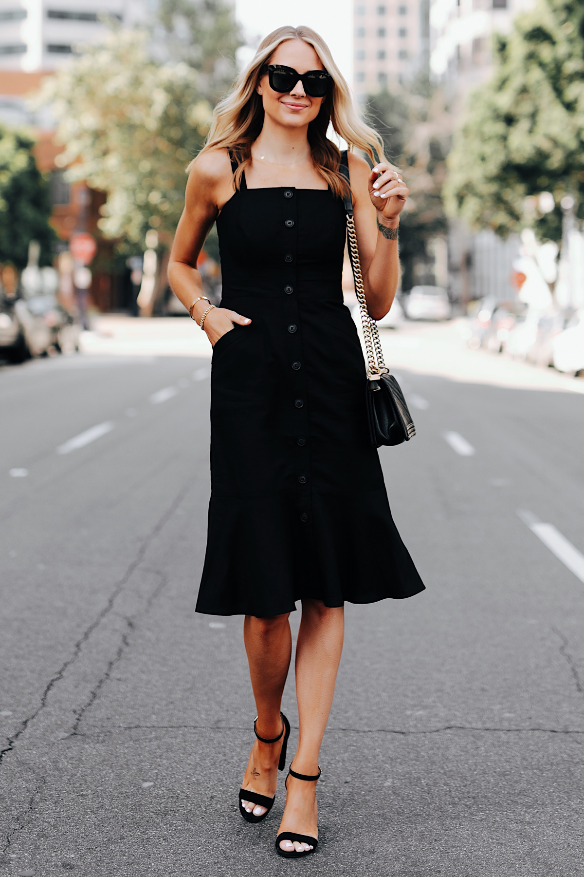 Fashion Jackson Wearing Banana Republic Black Button Front Tank Dress Black Ankle Strap Heeled Sandals