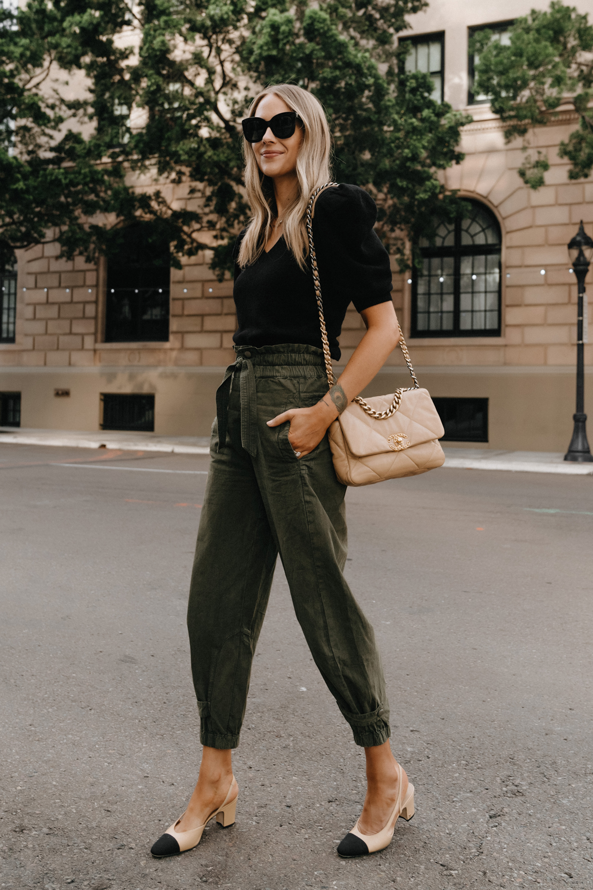 Black Faux Leather Puff Sleeves and Khaki Trousers + Style With a Smile  Link Up - Style Splash