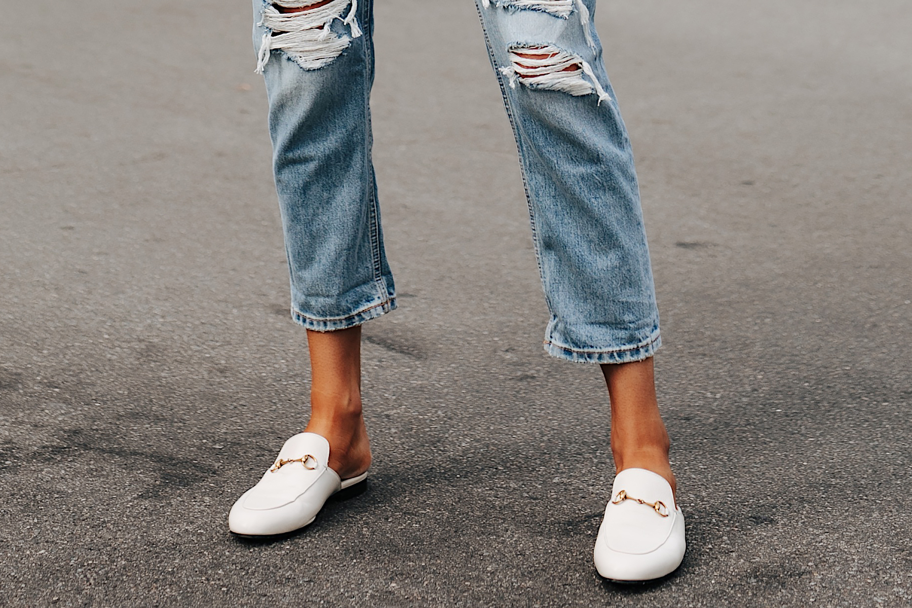 Fashion Jackson Wearing Everlane Ripped Boyfriend Jeans Gucci Princetown White Mules 2