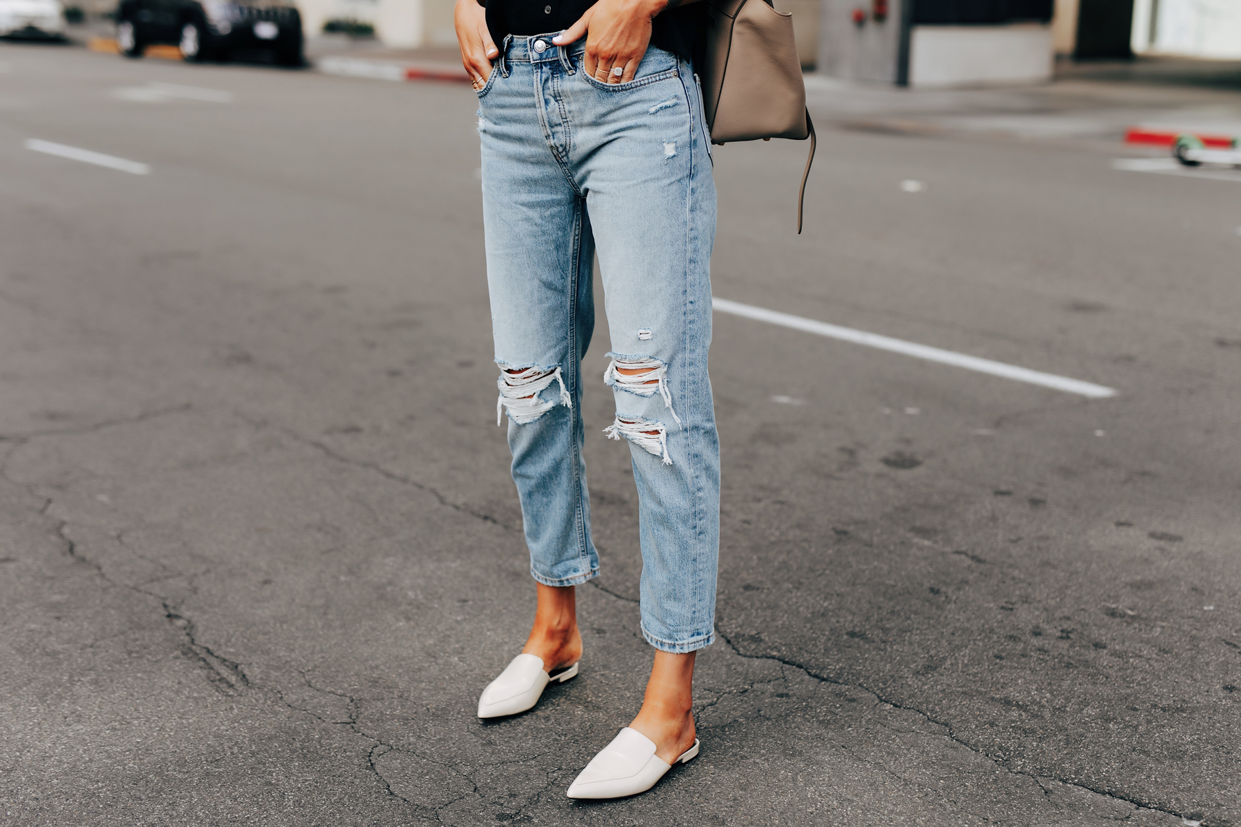 Fashion Jackson Wearing Everlane Ripped Boyfriend Jeans White Mules