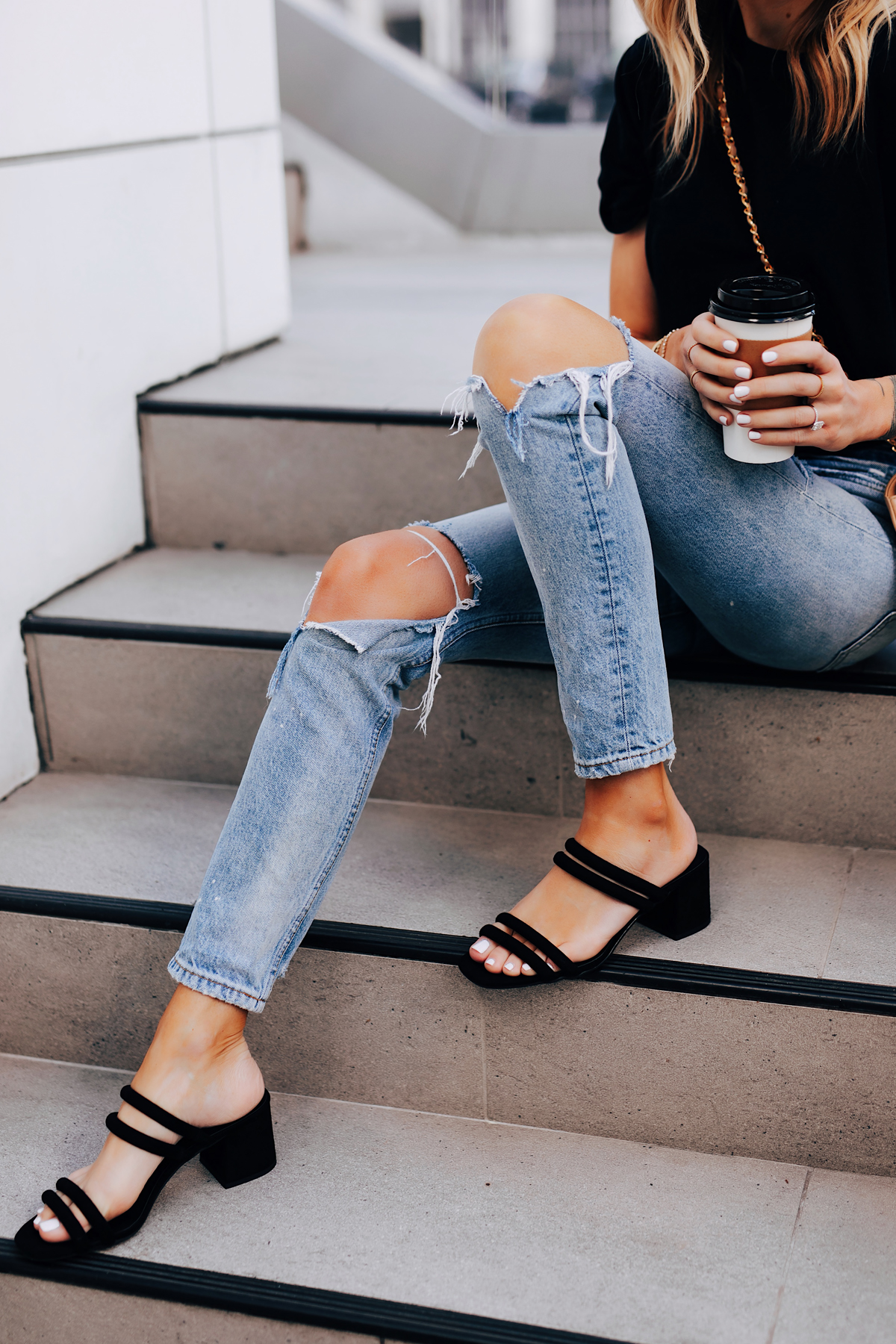 Fashion Jackson Wearing Free People Black Tshirt Boyish Ripped Jeans Black Block Heeled Sandals