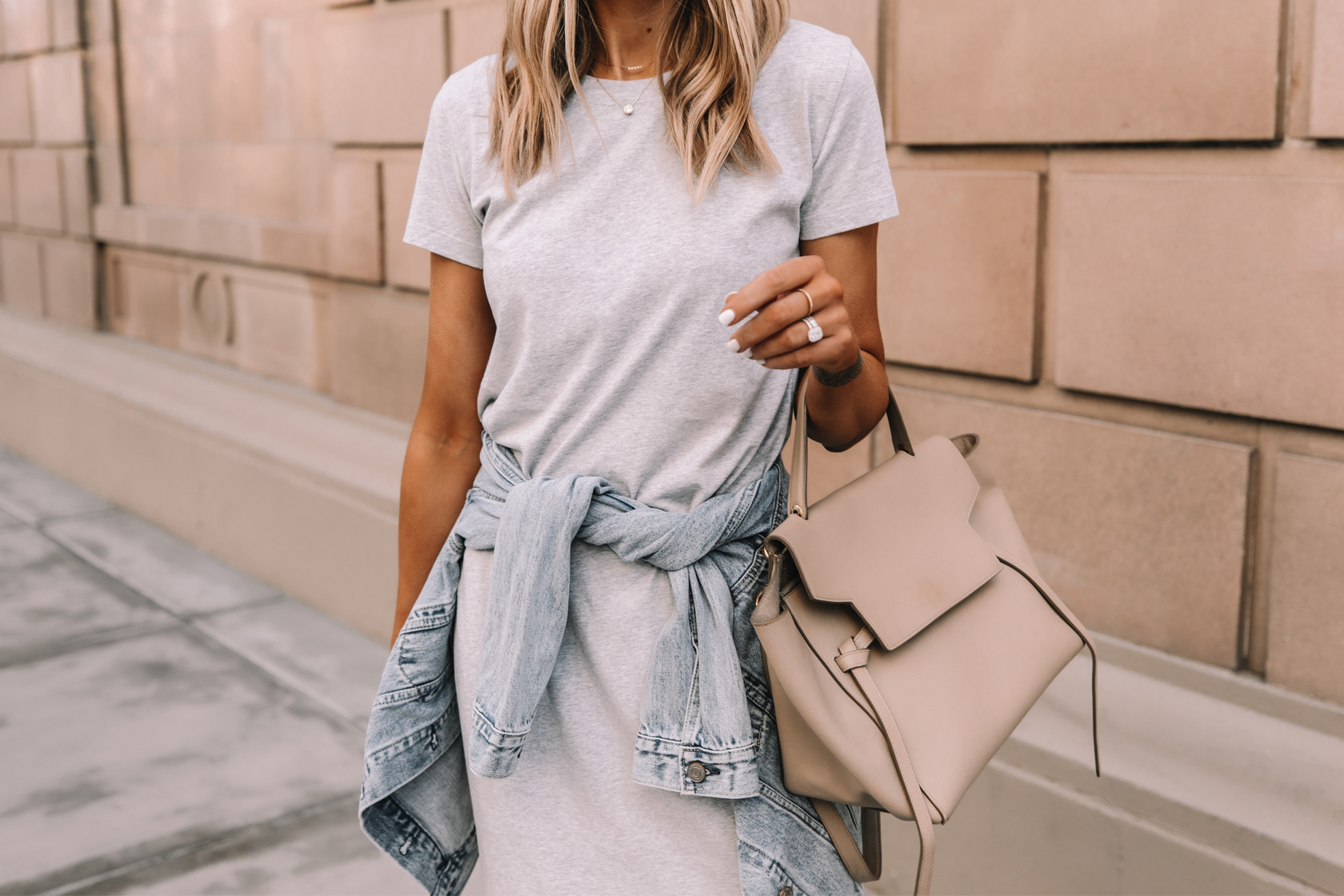 Fashion Jackson Wearing Jcrew Grey Midi Tshirt Dress Denim Jacket Celine Belt Bag