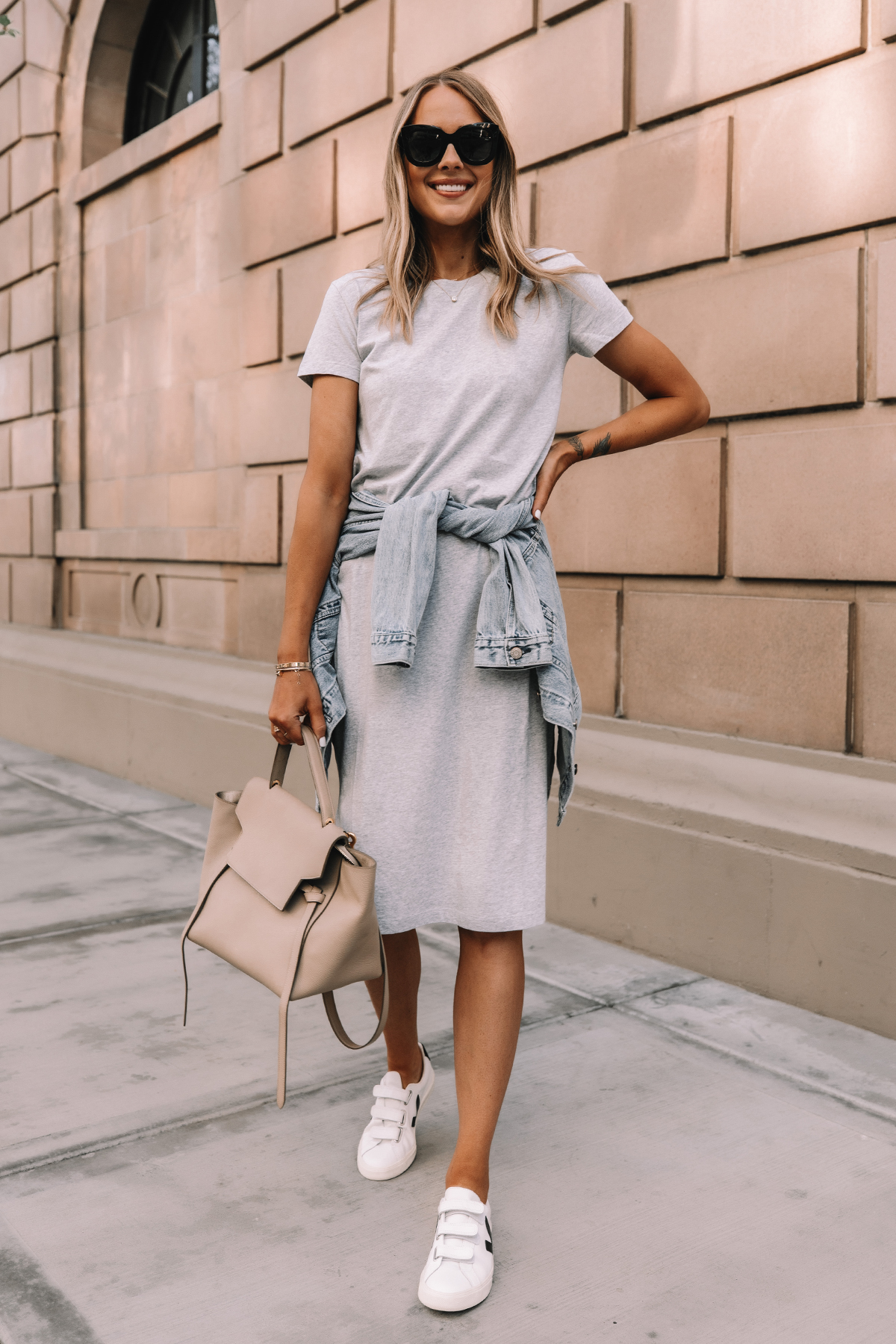 Shirt dress and store sneakers