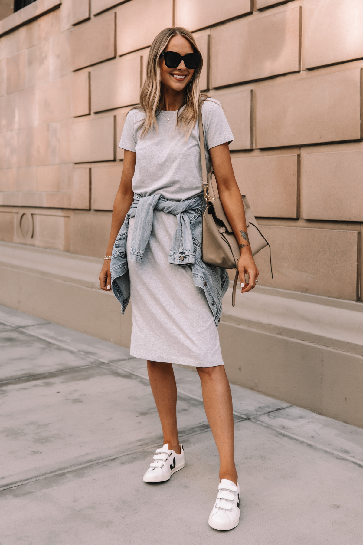 Fashion Jackson Wearing Jcrew Grey Midi Tshirt Dress Denim Jacket Veja Velcro Sneakers Celine Belt Bag Street Style Summer Outfit