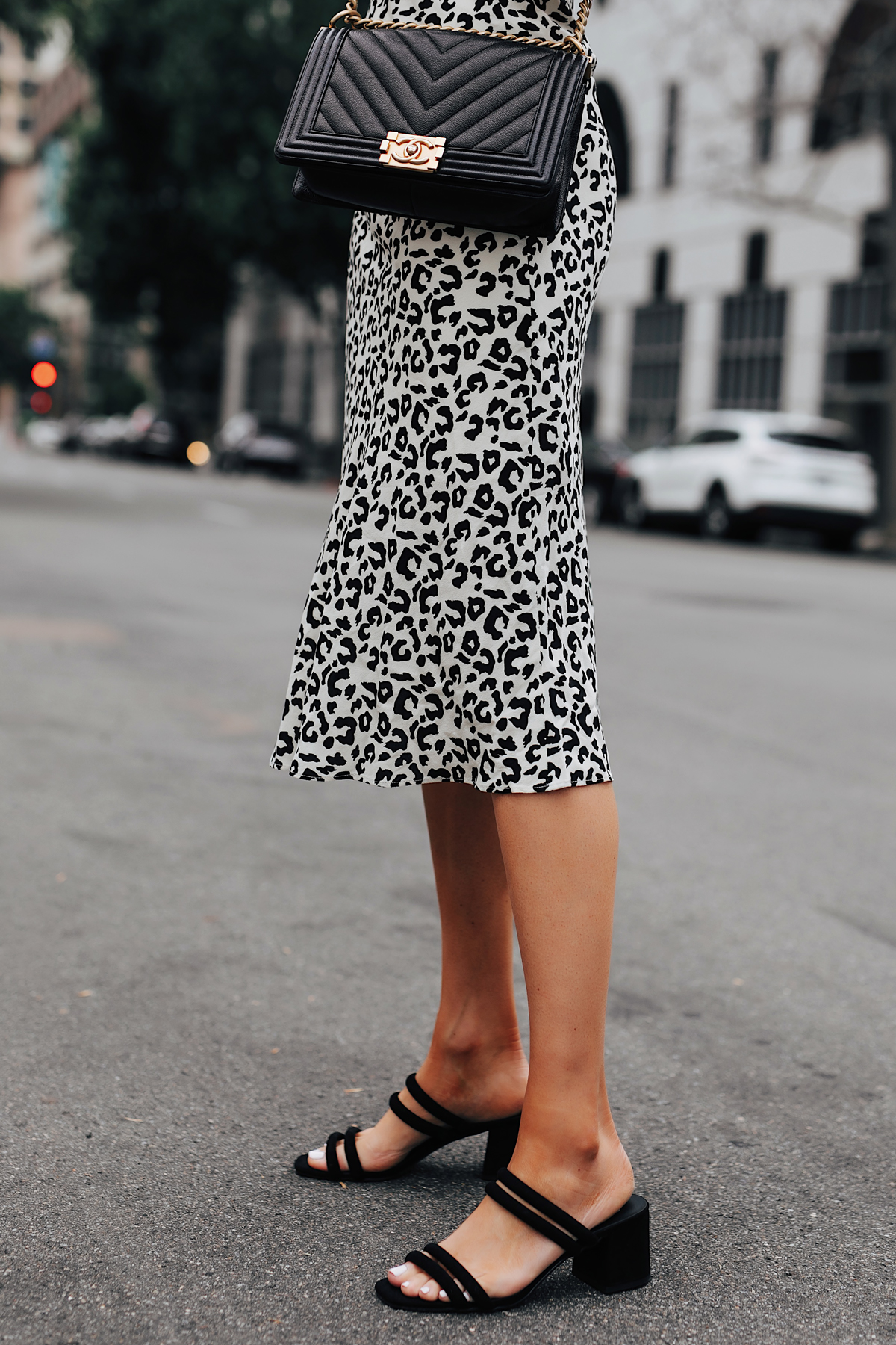 Fashion Jackson Wearing Leopard Midi Skirt Chanel Black Boy Bag Black Heeled Sandals