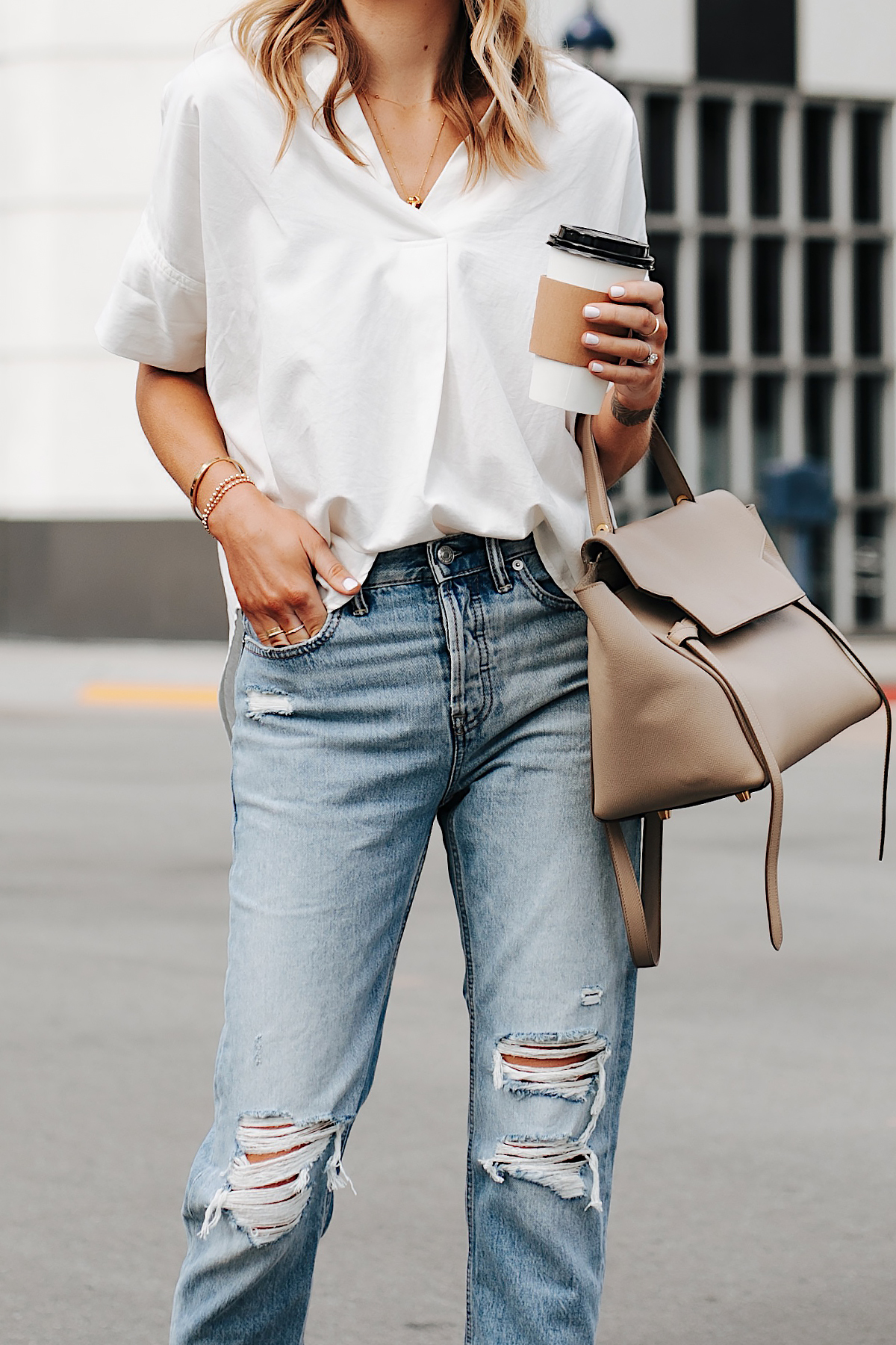 Fashion Jackson Wearing Madewell Short Sleeve White Shirt Everlane Ripped Boyfriend Jeans Celine Mini Belt Bag