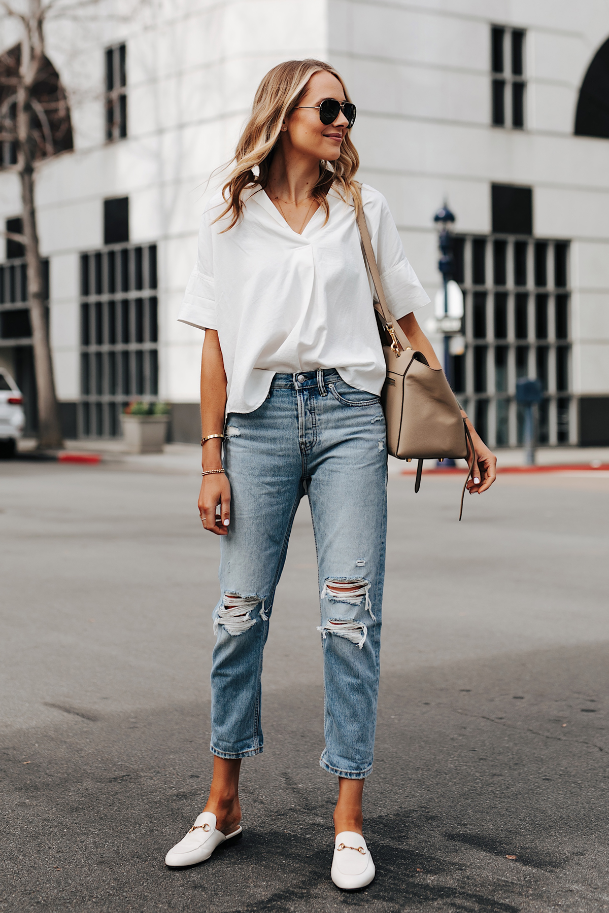 white mule shoes outfit