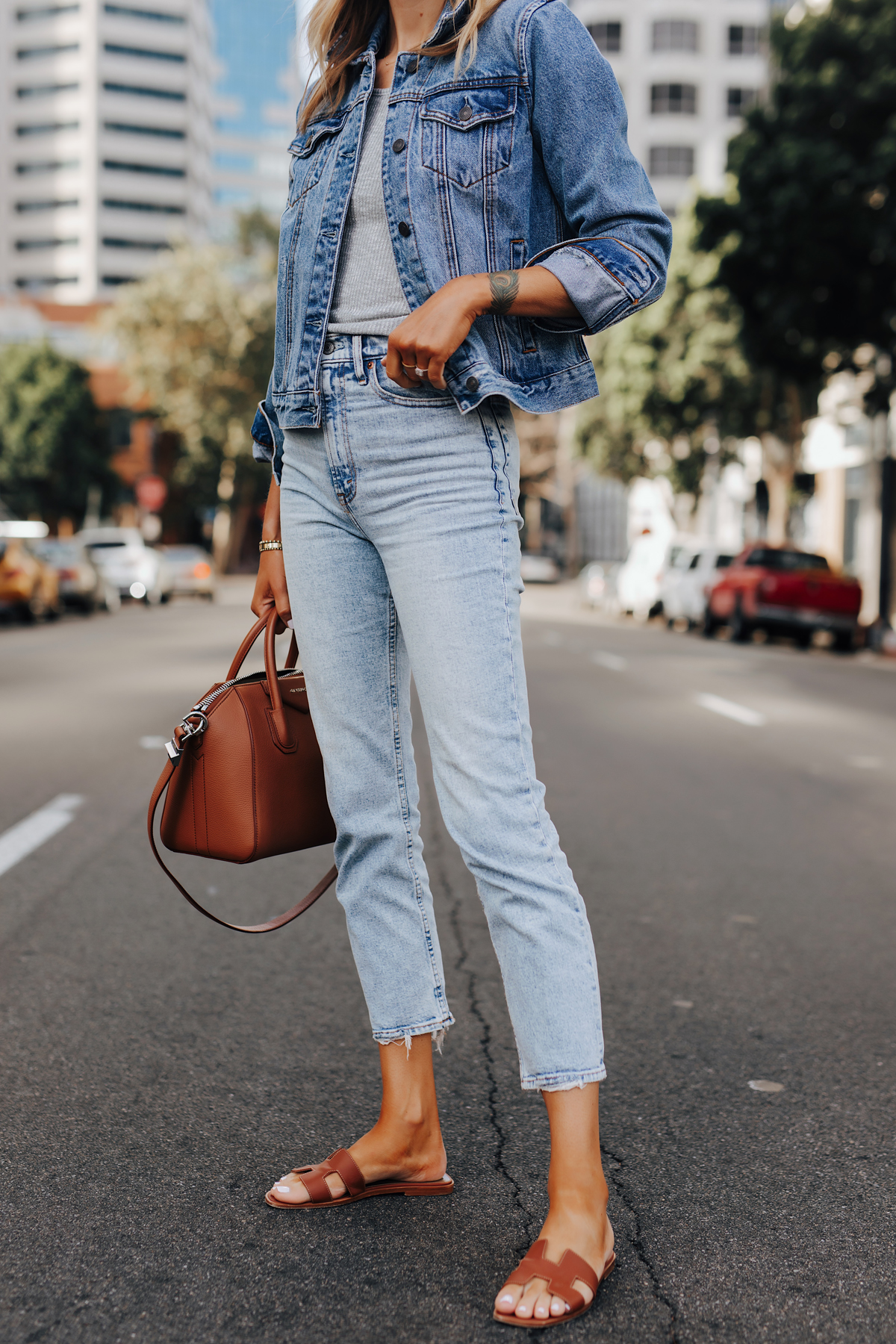 Fashion Jackson Wearing Abercrombie Denim Jacket Grey Tshirt Abercrombie Straight Leg Cropped Jeans Hermes Oran Sandals Gold Givenchy Antigona Cognac Satchel